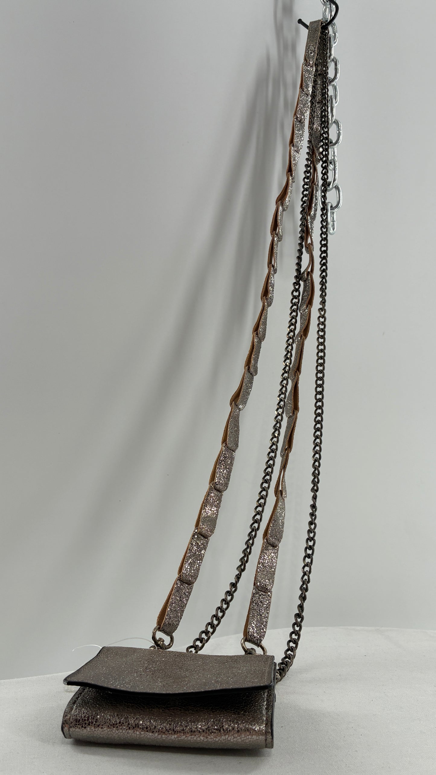 Free People Silver Gun Metal Metallic Goat Leather Wallet with Leather and Chain Straps