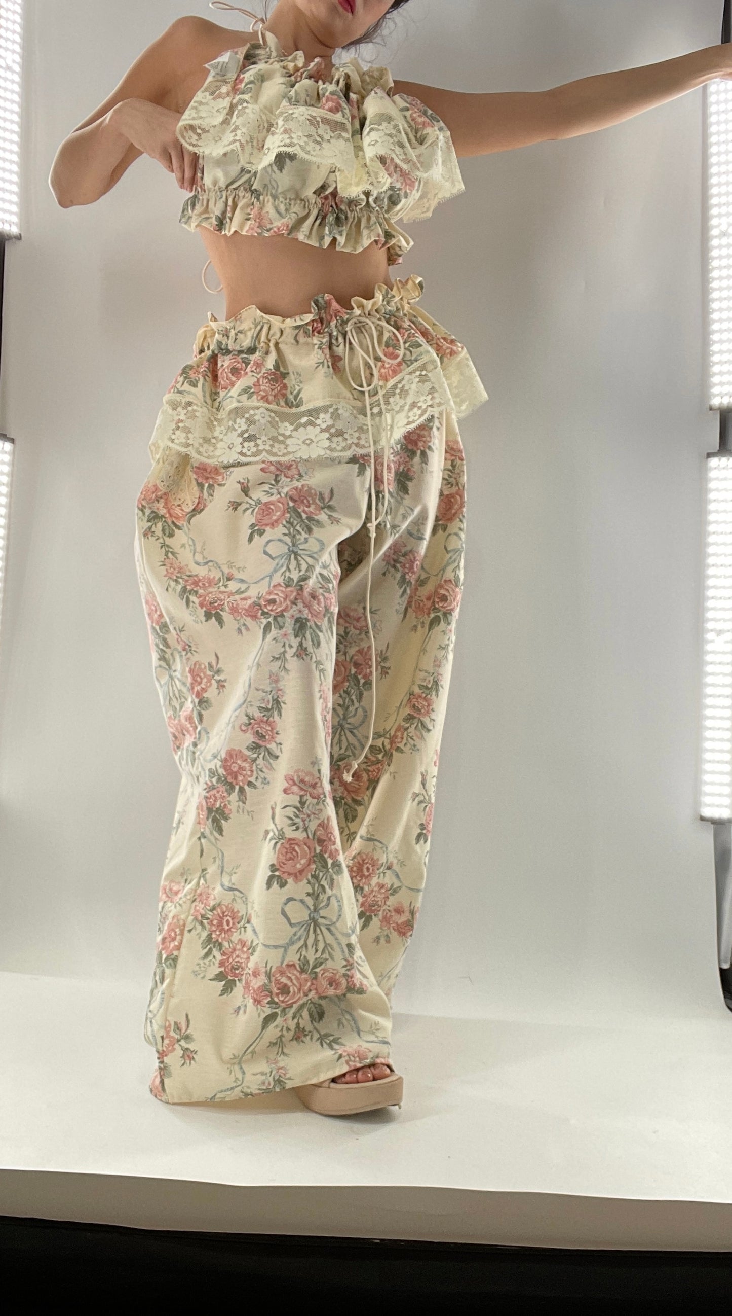 Vintage Set Covered in Delicate Dainty Florals, Bows and Lace (One Size, Adjustable)