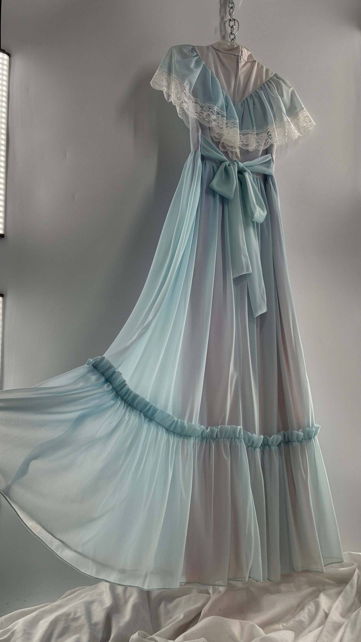 Vintage Handmade 1960s Powder Blue Overlay, Lilac Underlay Gown, Prairie Wedding Dress