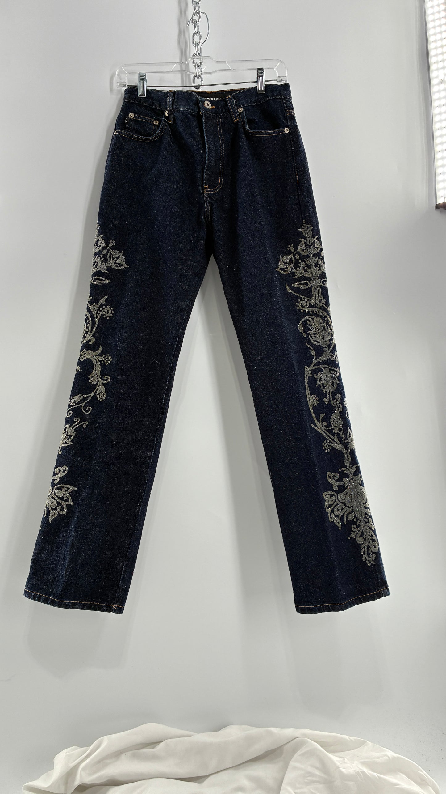 Vintage EXPRESS JEANS Dark Wash with Iridescent, Embellished, Textured Design Running Down Pant Leg (3/4)