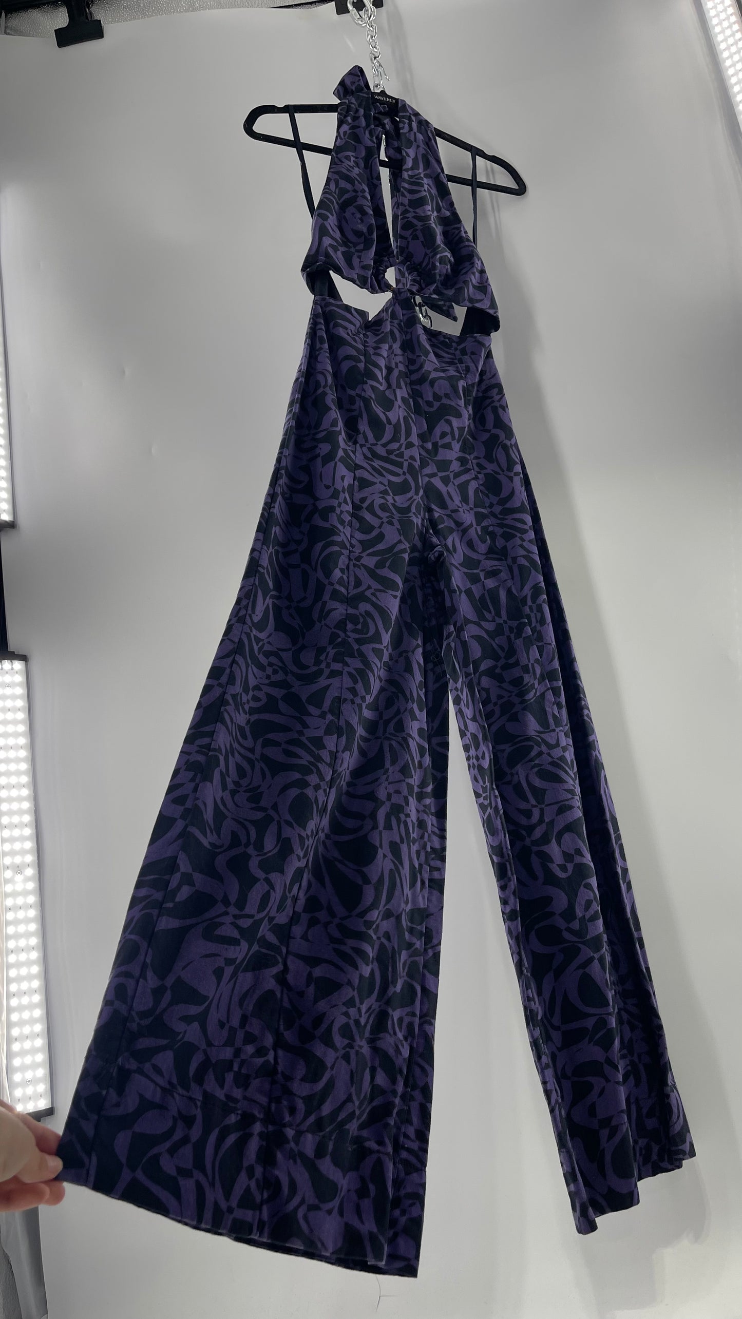 Free People Kira Retro Black and Purple Wide Leg Halter Jumpsuit with Tortoise Bust Loop (XS)