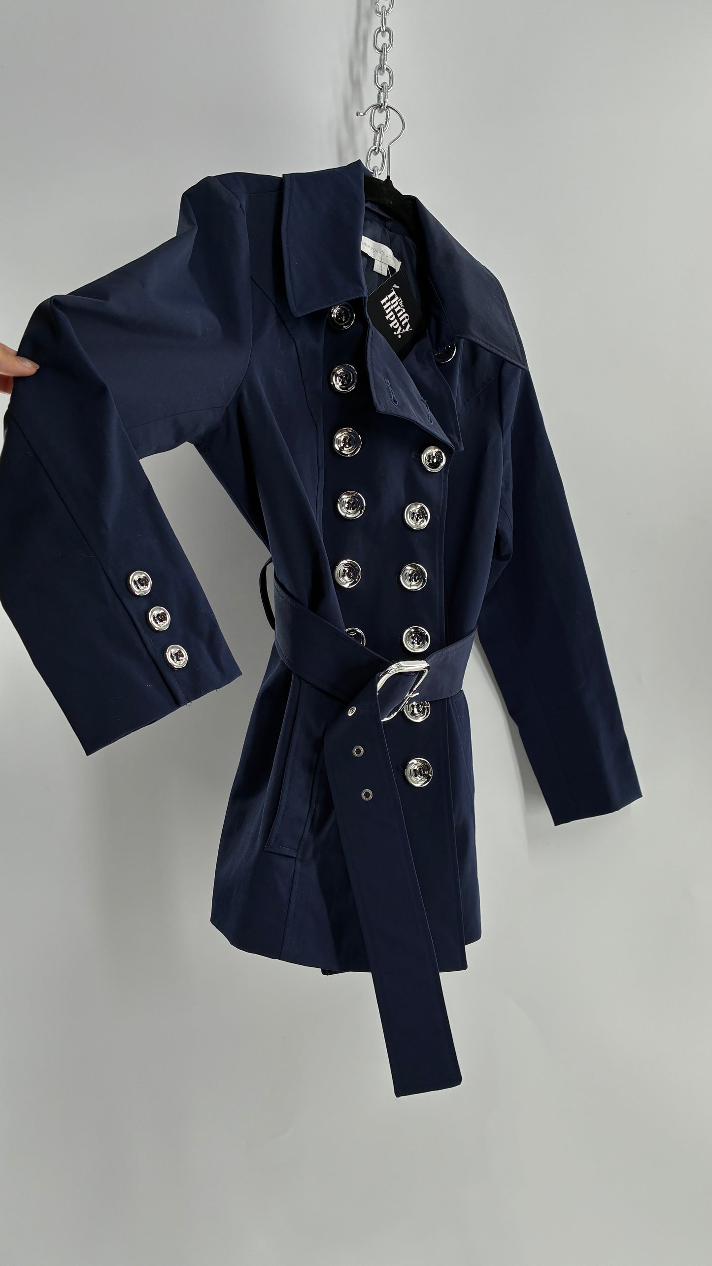 New York & Company Deep Navy Coat with Double Breasted Silver Buttons and Oversized Silver Buckle (Large)