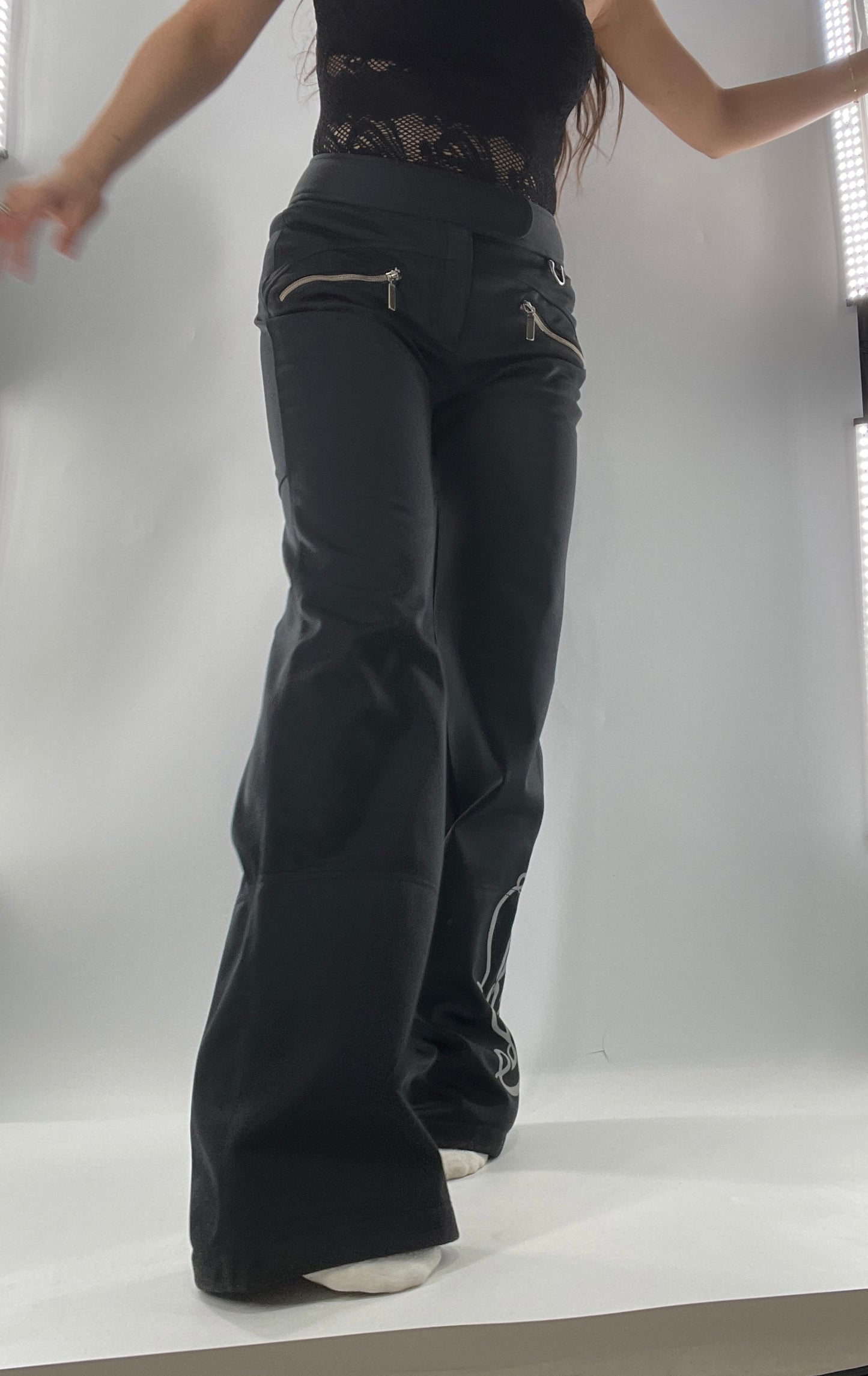 Vintage Athleta Flare 100% Nylon Thick Stretchy Black Pants with Side Clasps, Low Rise, Graphic on Back and Side of Leg (4)