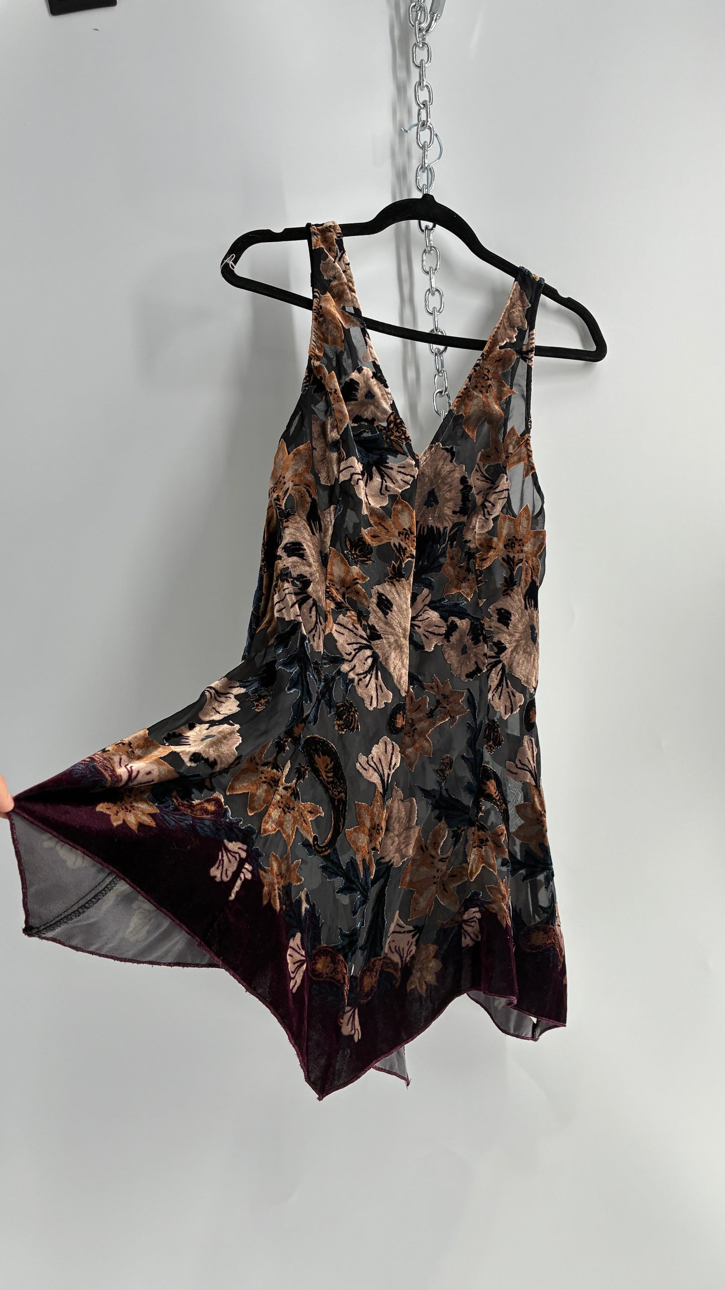 Free People Burn Out Velvet Mini Dress with Handkerchief Hem (XS)
