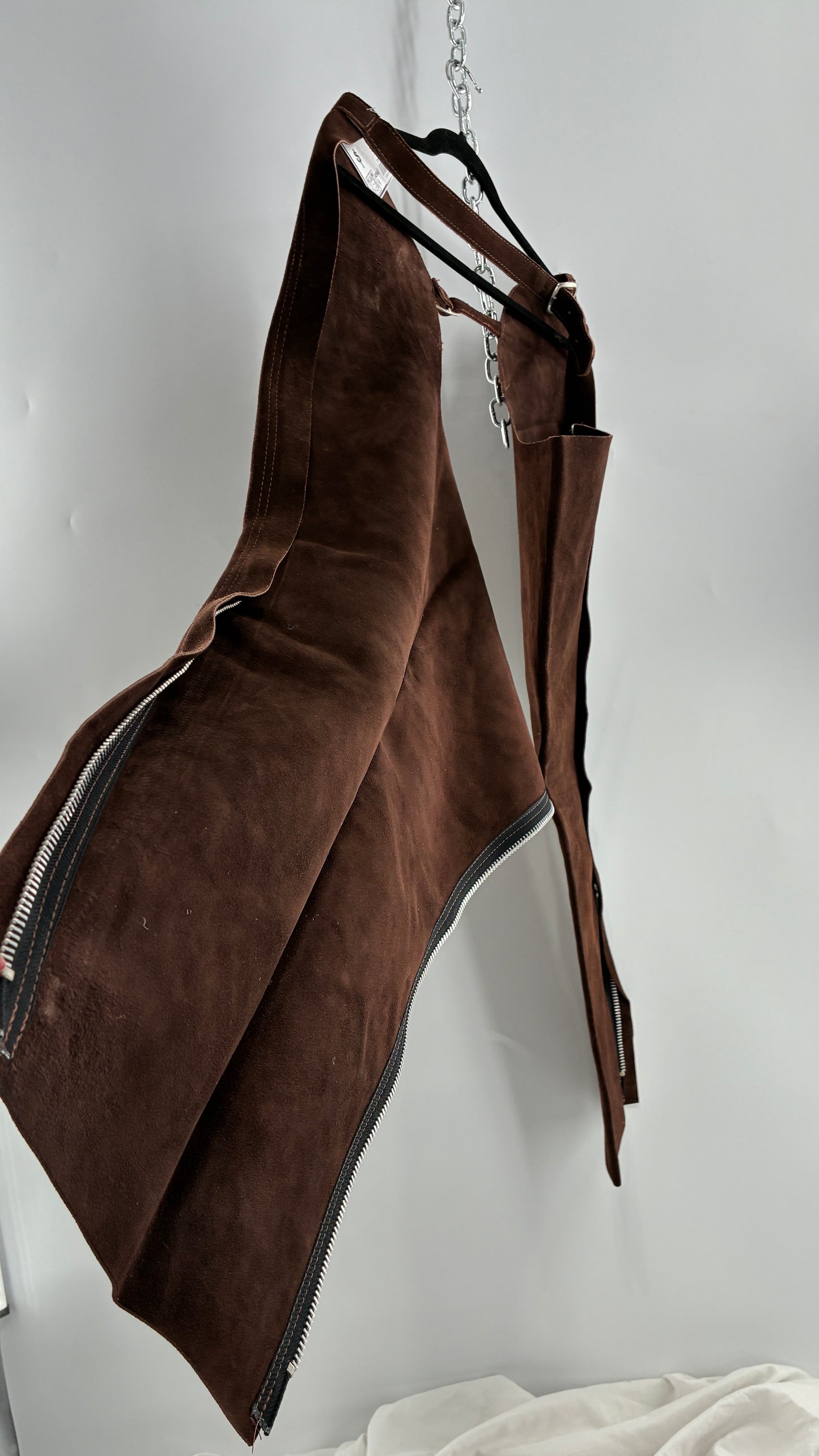 Vintage Chocolate Brown Genuine Suede Leather Chaps with Heavy Duty Side Zipper Detail (XS)