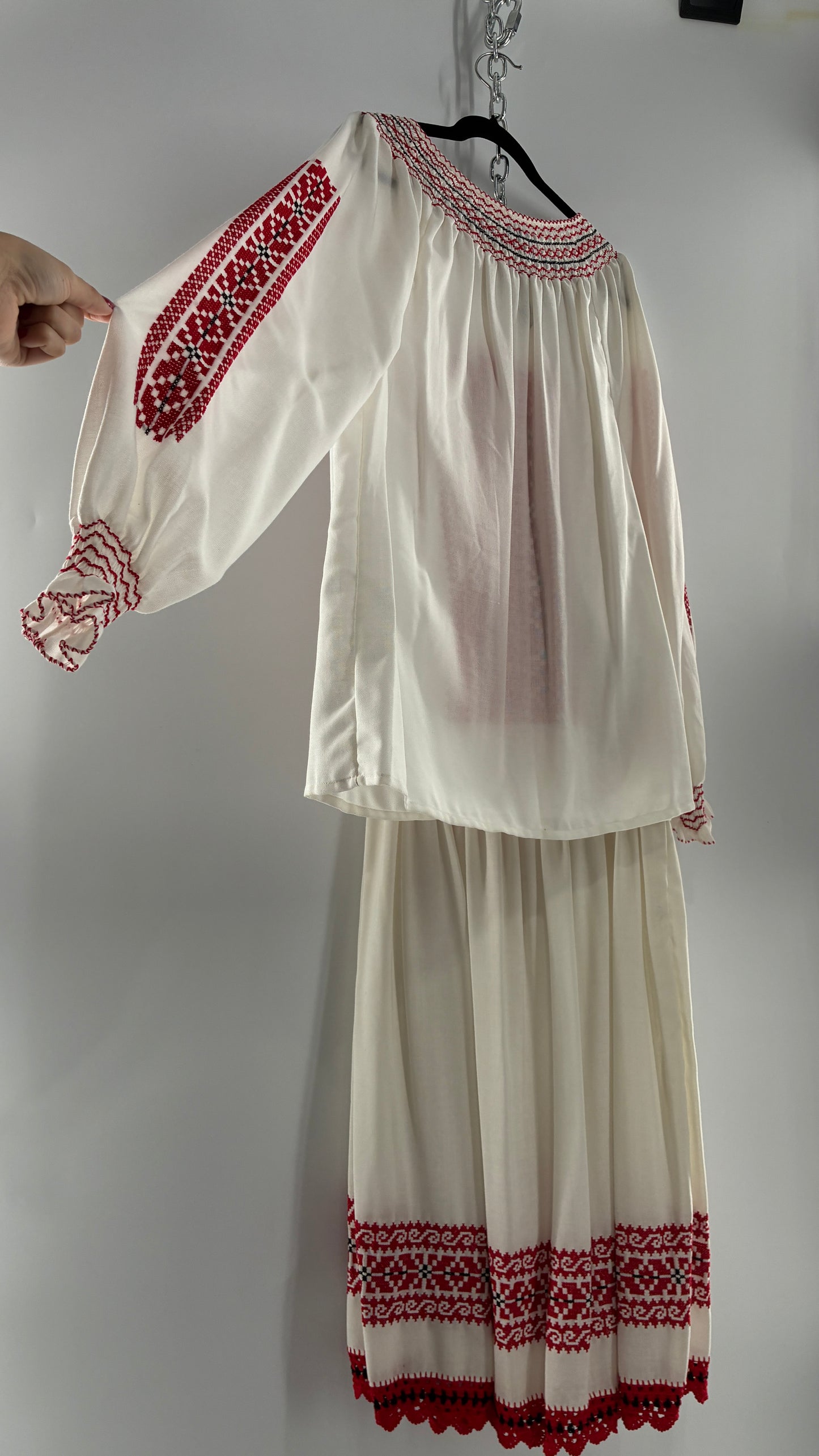 Vintage 1970s LUX FOLKLOR Budapest Handmade Cotton Long Sleeve and Skirt Covered in Red Embroidery and Stitching