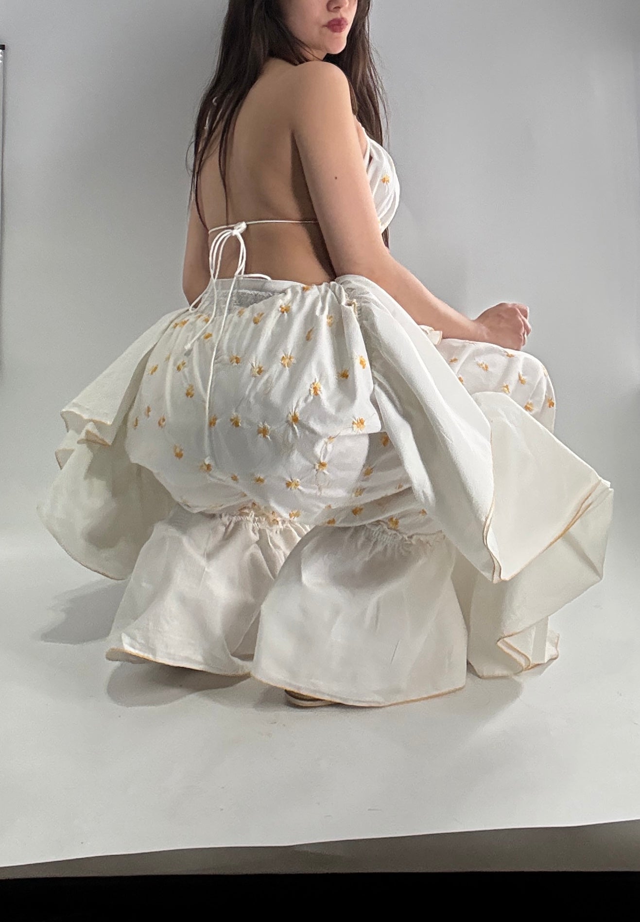 Vintage Handmade Angeline 2pc Set with Ruffled Pant, Embroidered Daisy Pattern, and Bustier Camisole with Adjustable Drawstring Bustline and Waistline (XS-L)