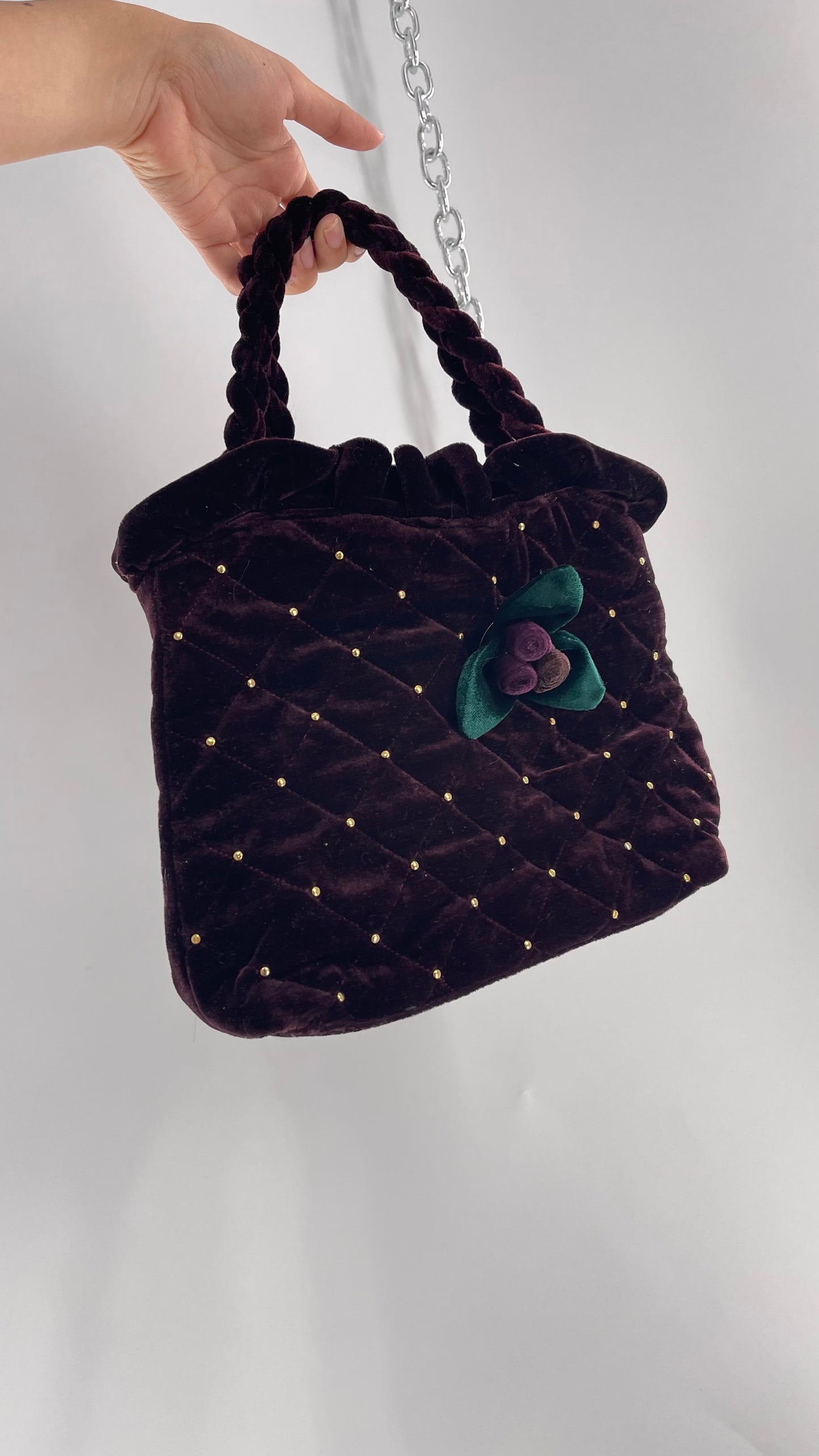 Vintage Purple Violet Velvet Quilted Purse with Rope Handles and Gold Metal Closure