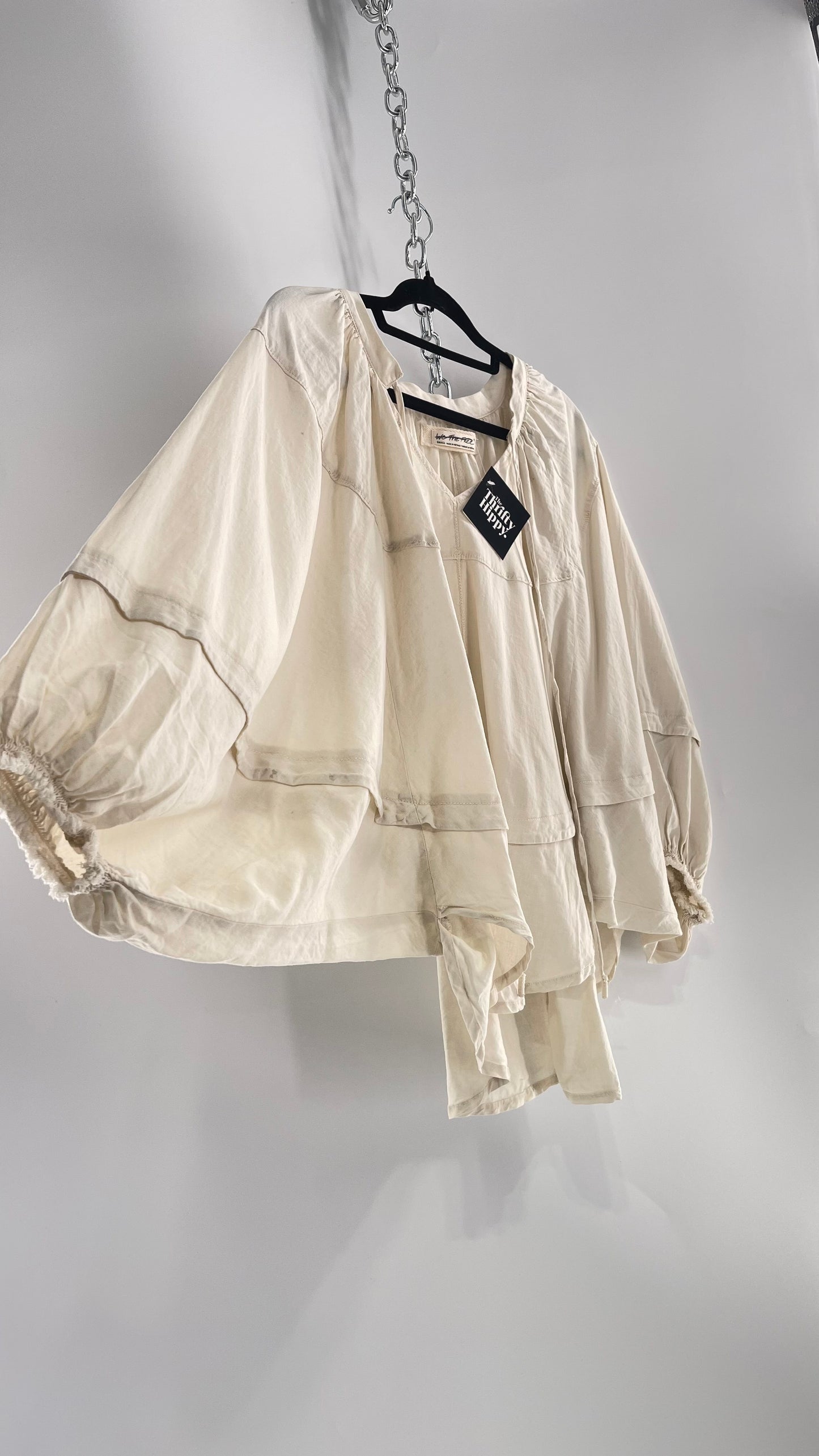 Free People Beige Off White Billow/ Prairie Sleeve Cape Blouse (Small)
