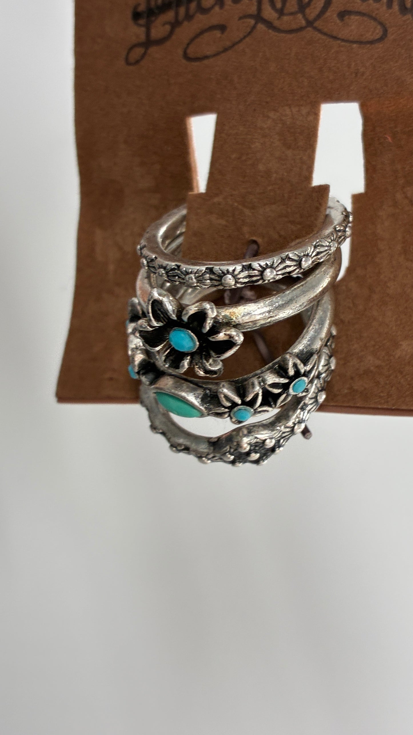 Lucky Brand Silver Embossed Ring Set with Turquoise Stone