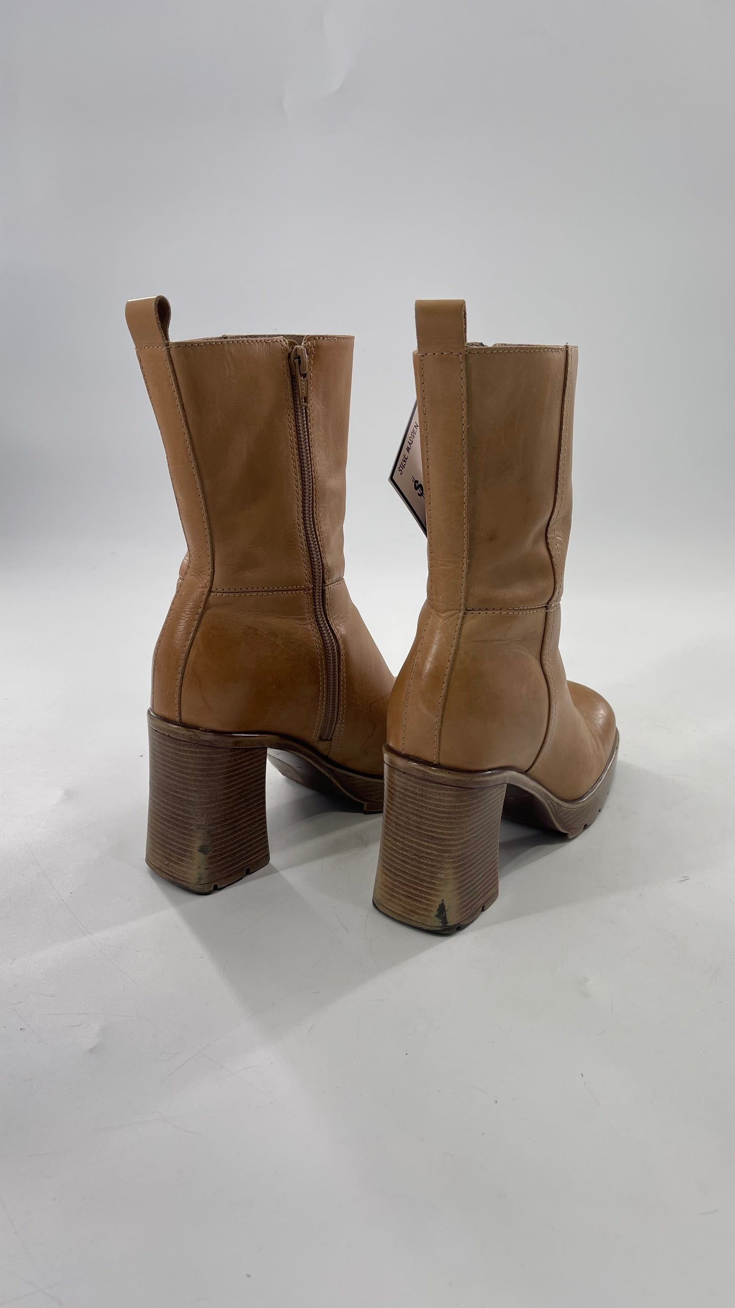 Vintage 90s Steve Madden Tan Leather Funky Square Toe Boot with Platform and Chunky Heel