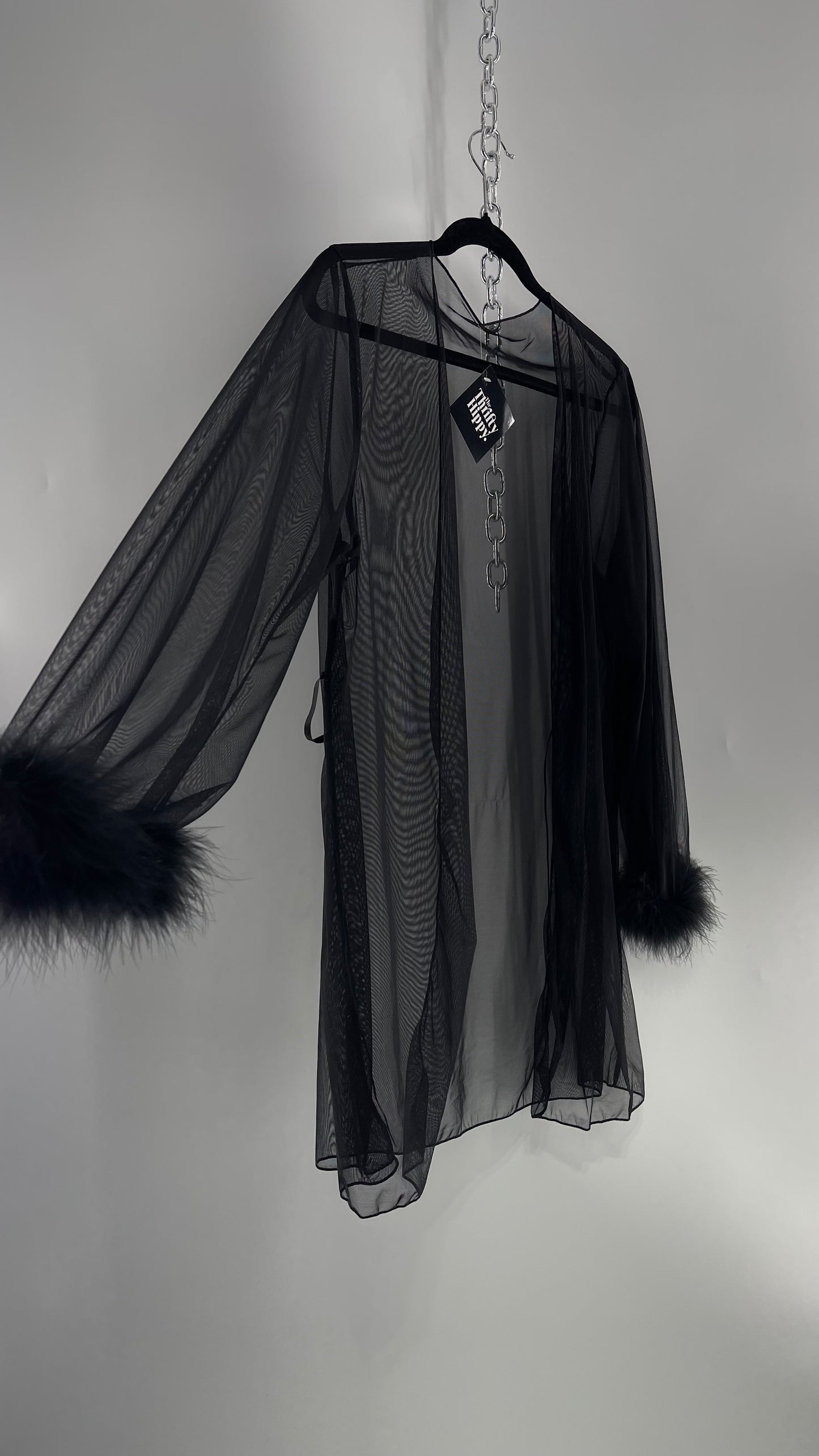 Black Mesh Long Sleeve Toss On with Feather Cuffs (Medium)