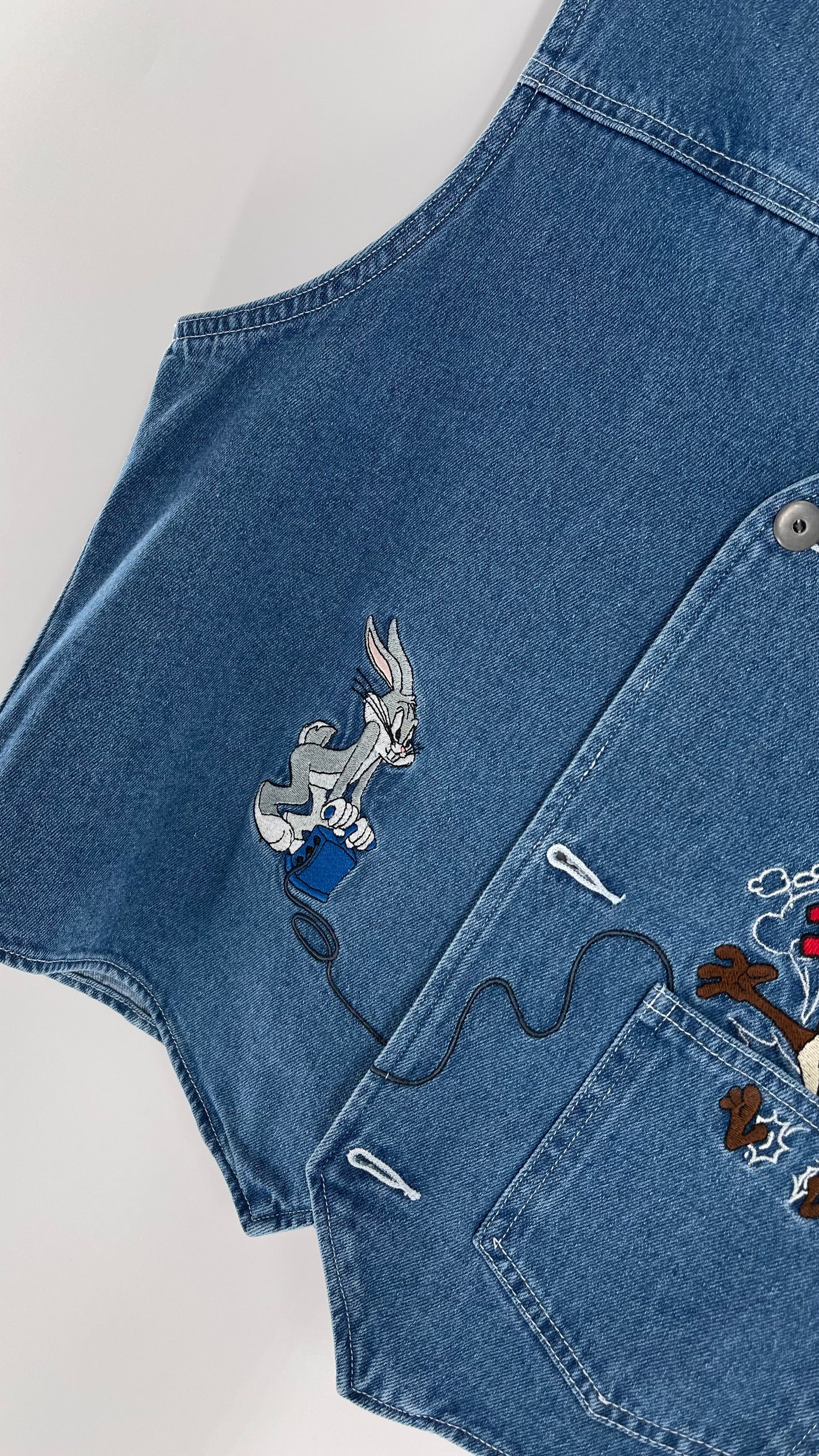 Vintage Looney Tunes Denim Vest with Embroidered Characters (Large)