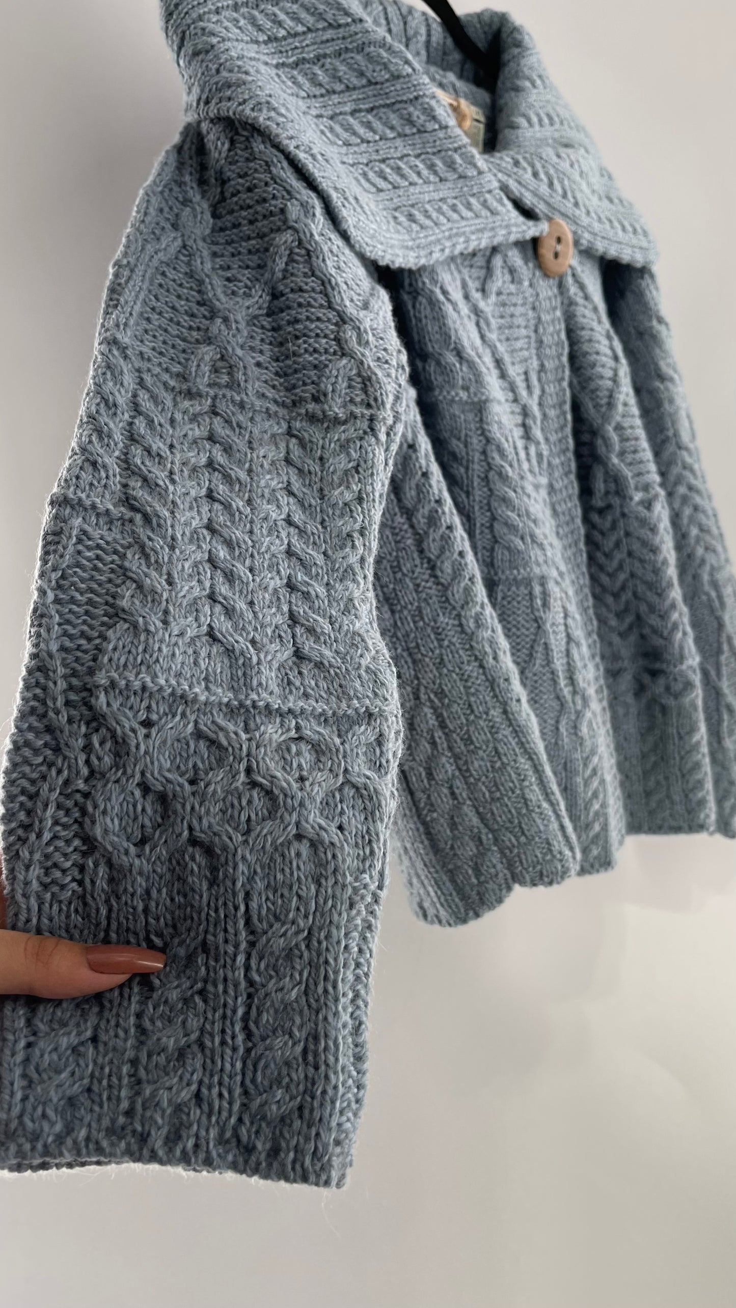 Authentic Irish Aran Sweater Market Slate Blue Aran Stitch Sweater with Oversized Wooden Button Detail and Certificate of Authenticity (Small)