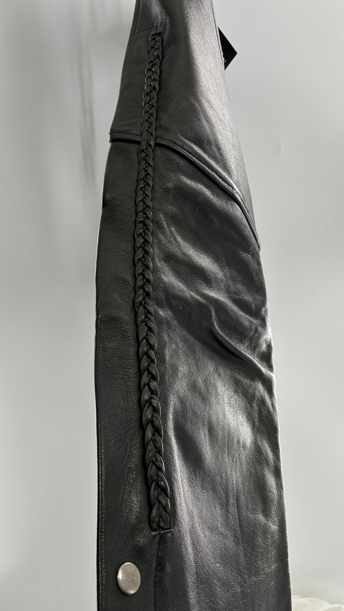 Vintage AMERICAN LEATHER Black Motorcycle Chaps/Pants with Mini Pocket, and Side Zipper Detailing (XS)