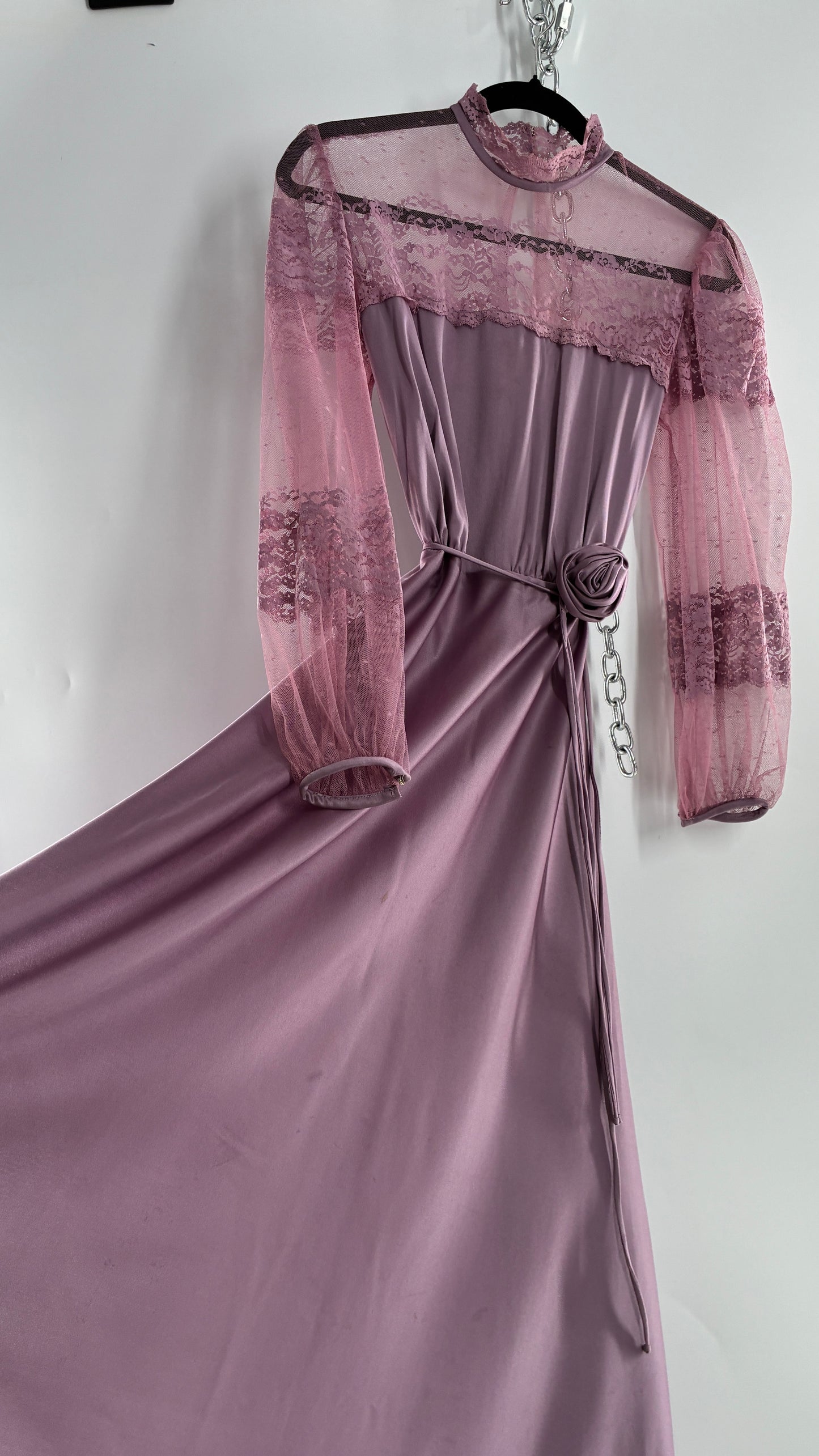 Vintage Handmade Dusty Purple Mauve Bubble Sleeve Maxi Dress (XS/S)