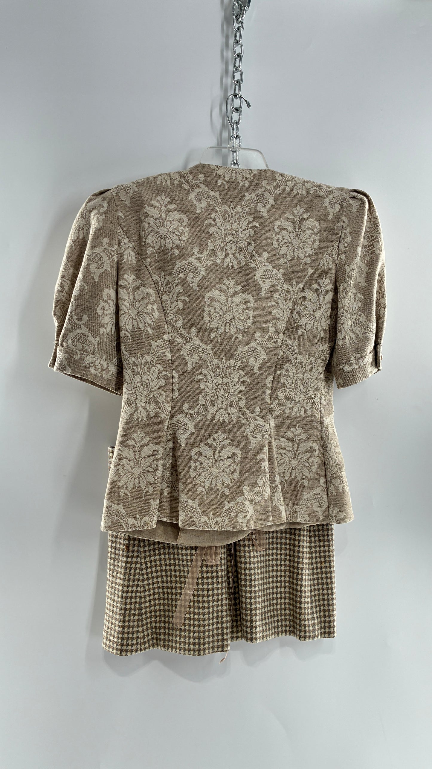 Vintage Suit Set with DONNA MORGAN Jacquard Puff Sleeves Tailored Slim Waist Suit Jacket with Upcycled Woven Mini Skirt (6)