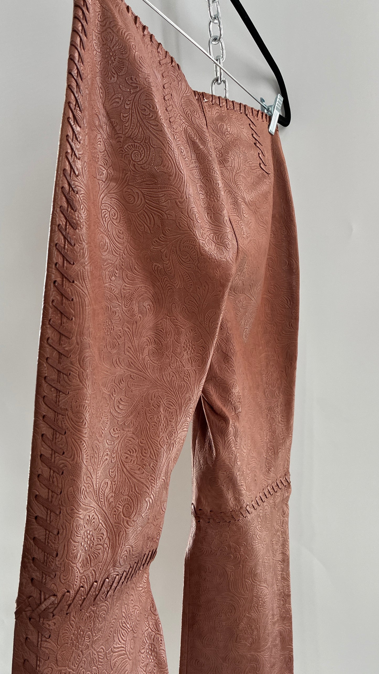 Vintage Embossed Paisley Patterned Genuine Leather Pants with Stitching Details (No Label Unbranded, S)