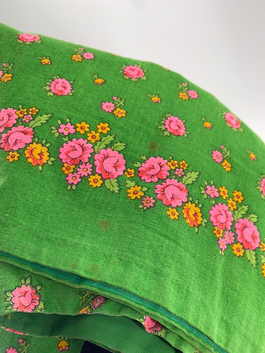 Vintage Imported Cotton Kelly Green Skirt with Pink Roses (XS)