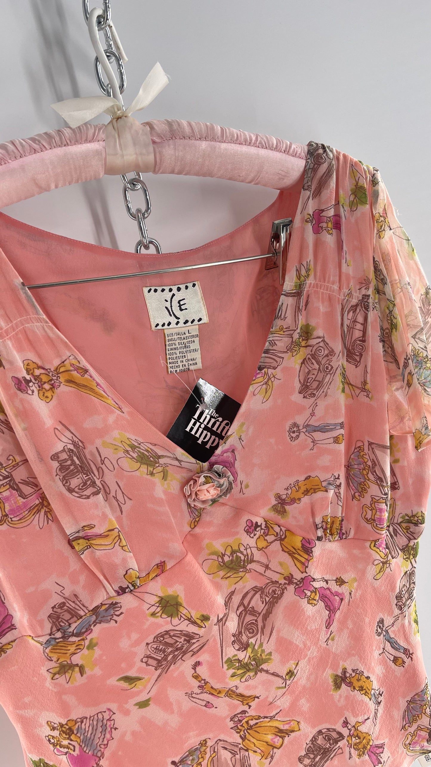 Vintage 1990s RARE i(E Femme Sketch 100% Silk Pink Blouse with Rosette Bust Detail (Large)