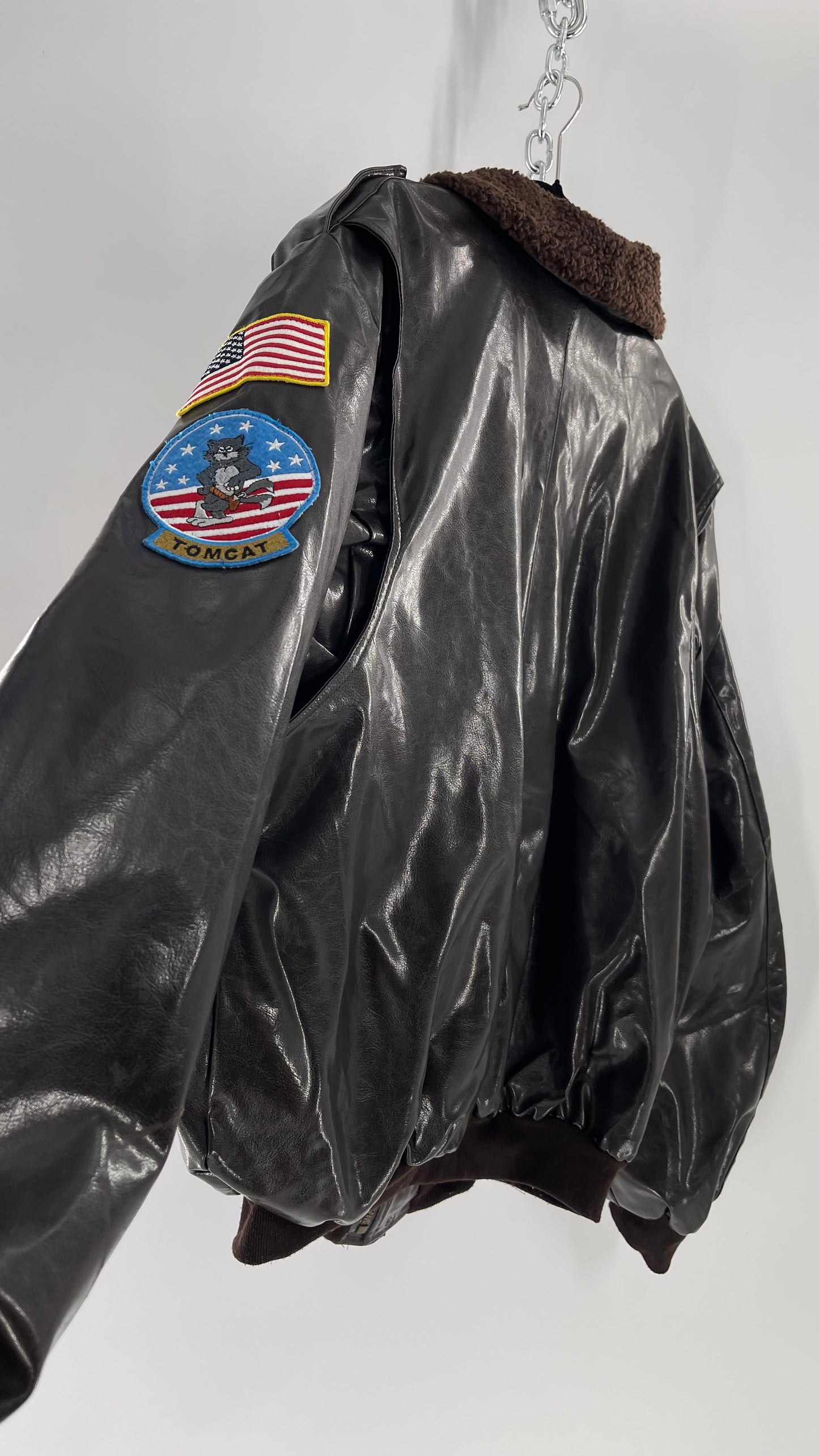 Vintage Dark Brown Top Gun Bomber Jacket with Patches and Teddy Sherpa Collar (Large)