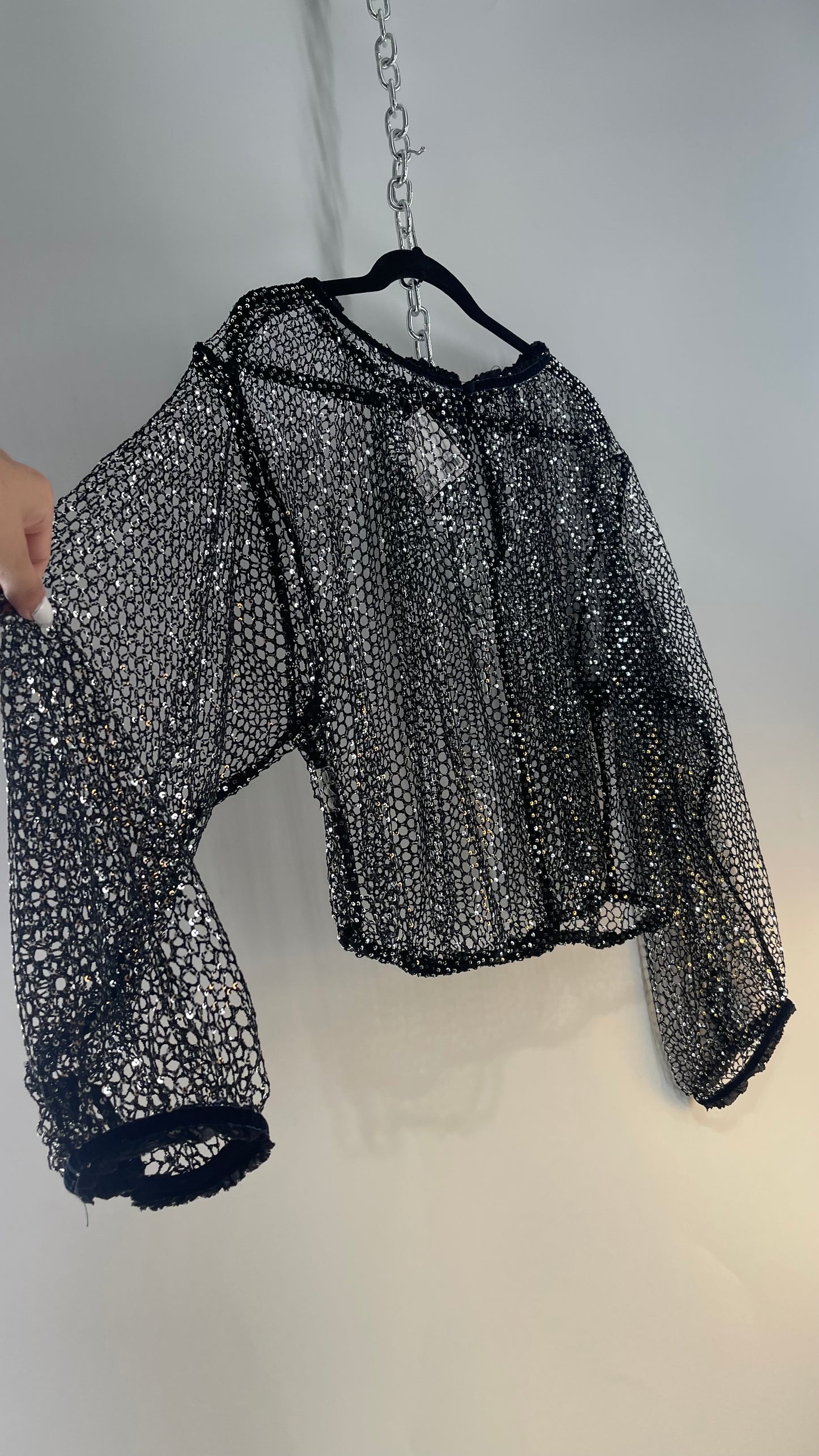 Free People Disco Black Mesh Blouse with Velvet Ribbon Trim (S/M)