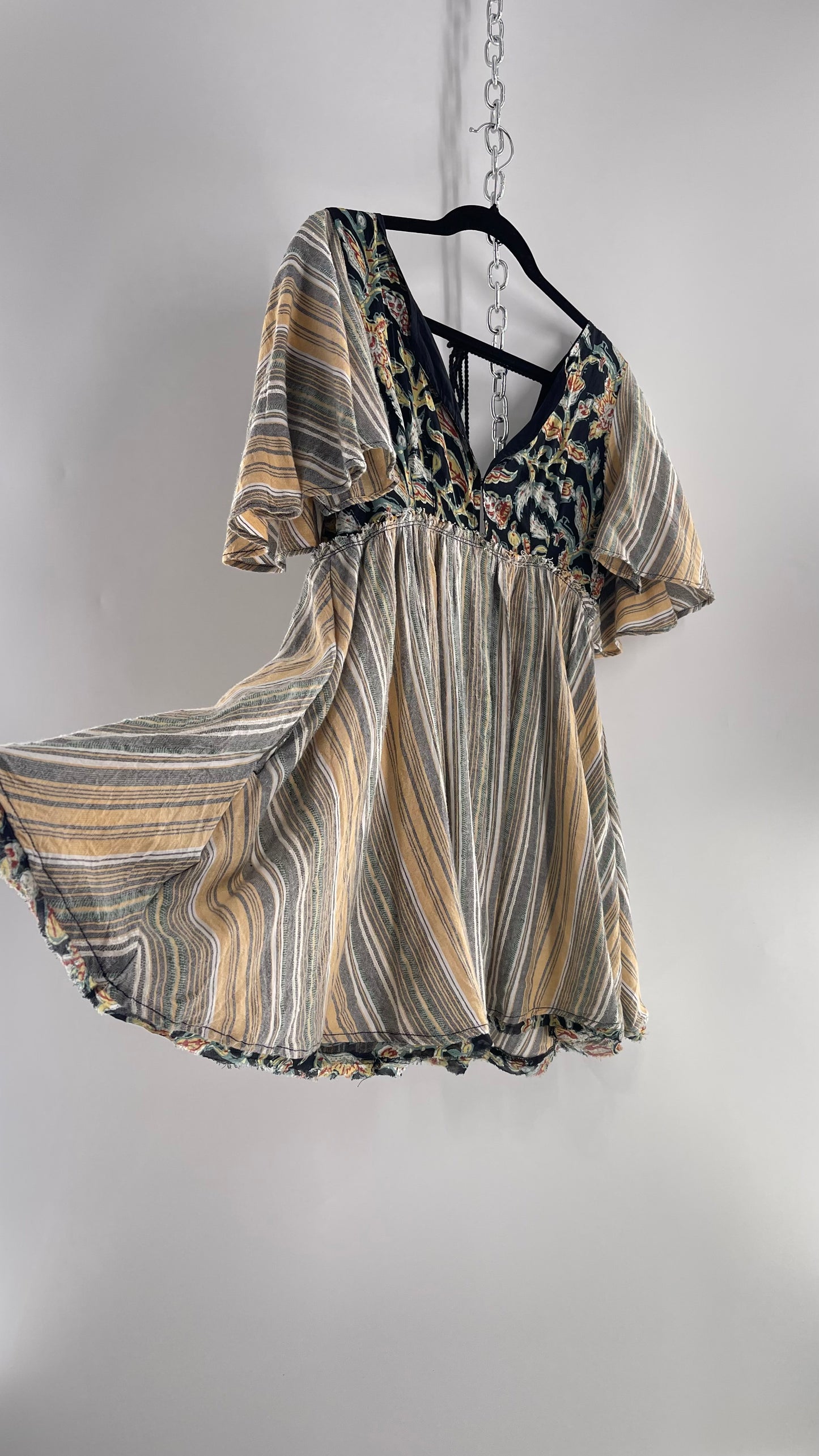 Free People Dual Fabric Floral/Woven Boho Babydoll Mini Dress (XS)
