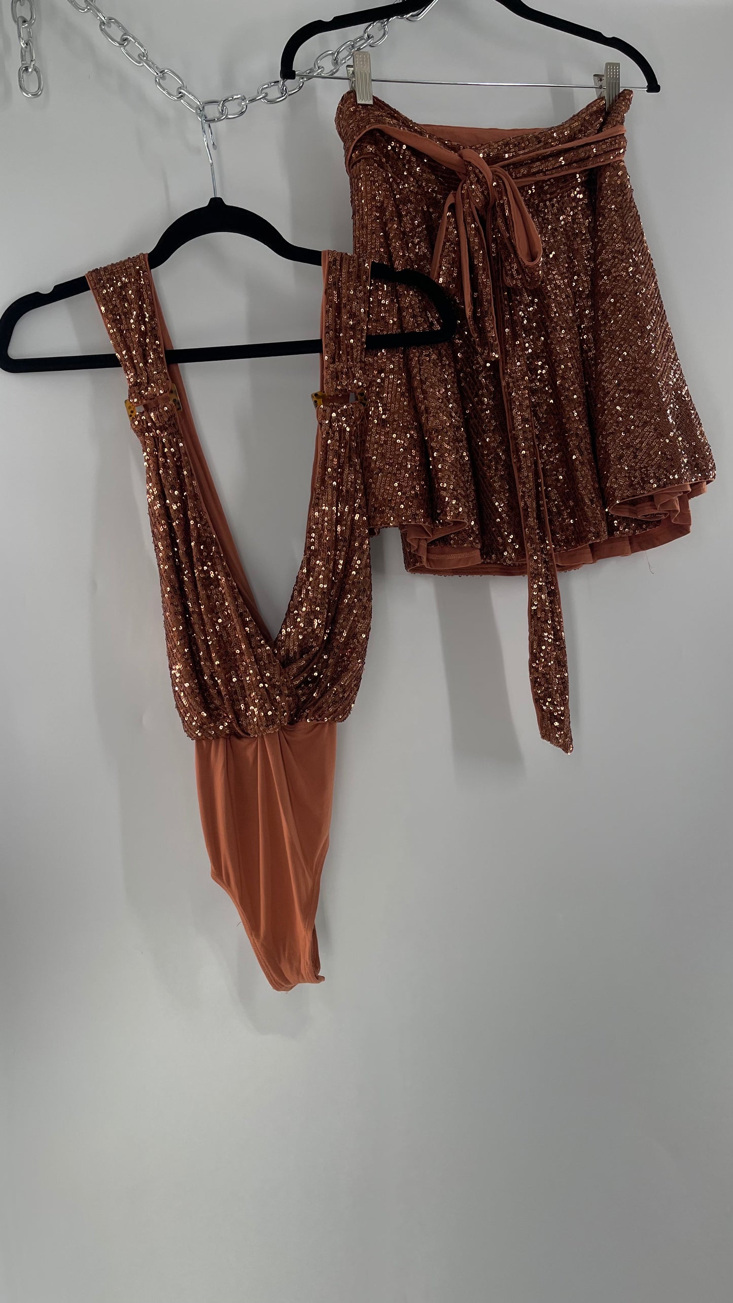 Free People Bronze Sequin 2Piece Set with Wrap Around Skirt and Bodysuit (XS body, S Skirt)