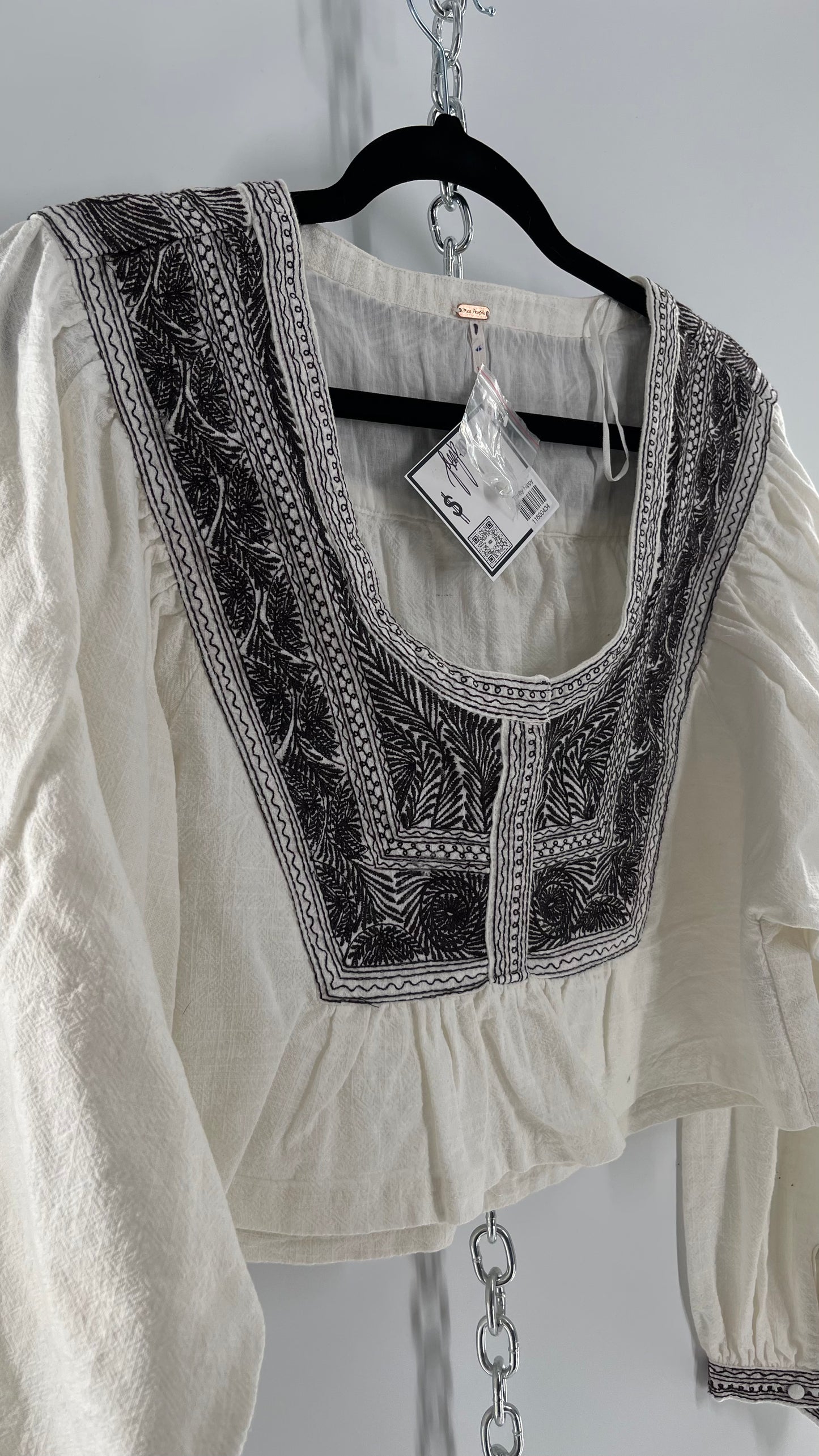 Free People White Thick Cotton Cropped Balloon Sleeve Blouse with Brown Embroidery (XS)