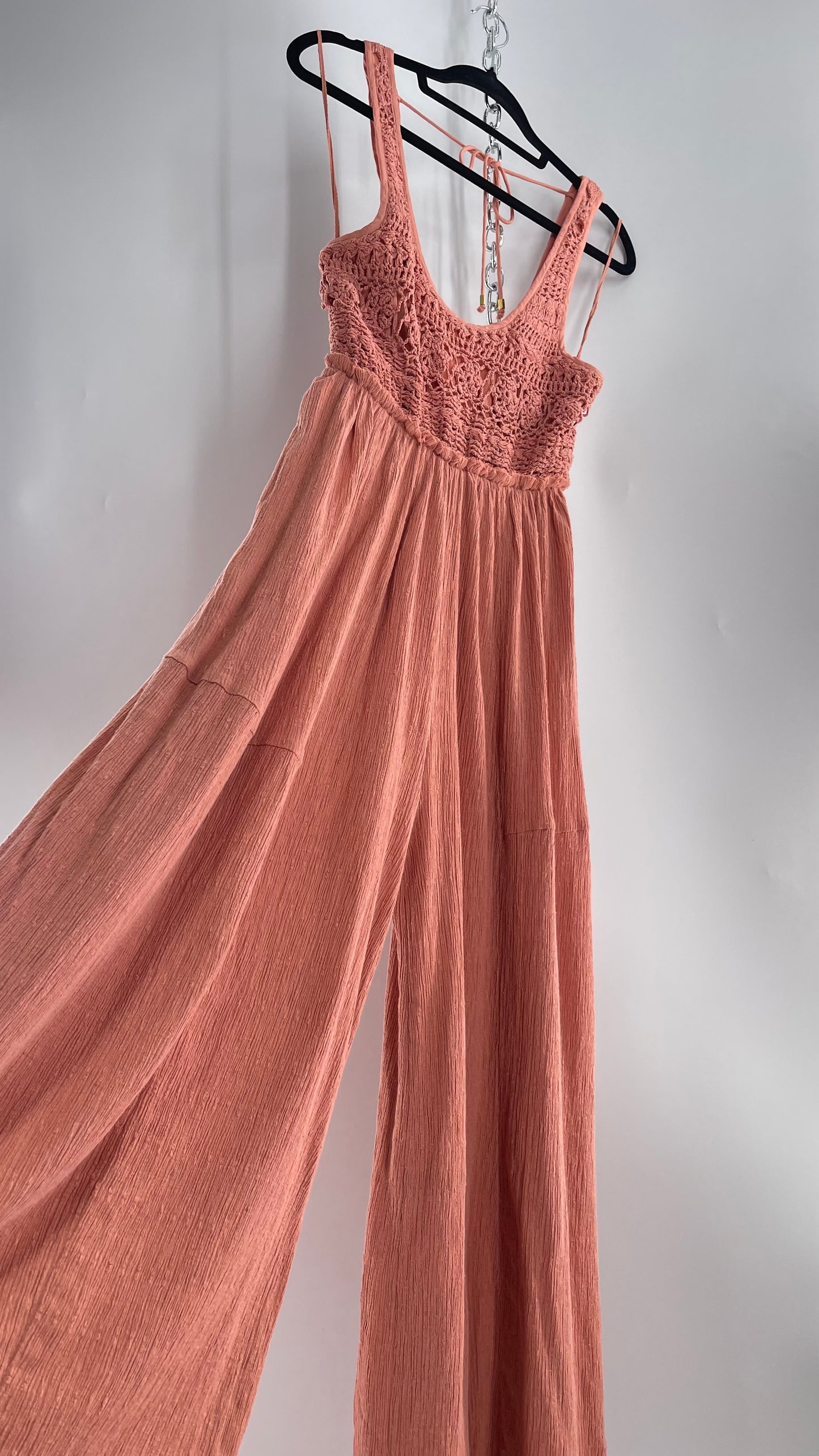 Free People Rose/Peach Pink Wide Leg Jumpsuit with Crochet Bust and Tags Attached (XS)