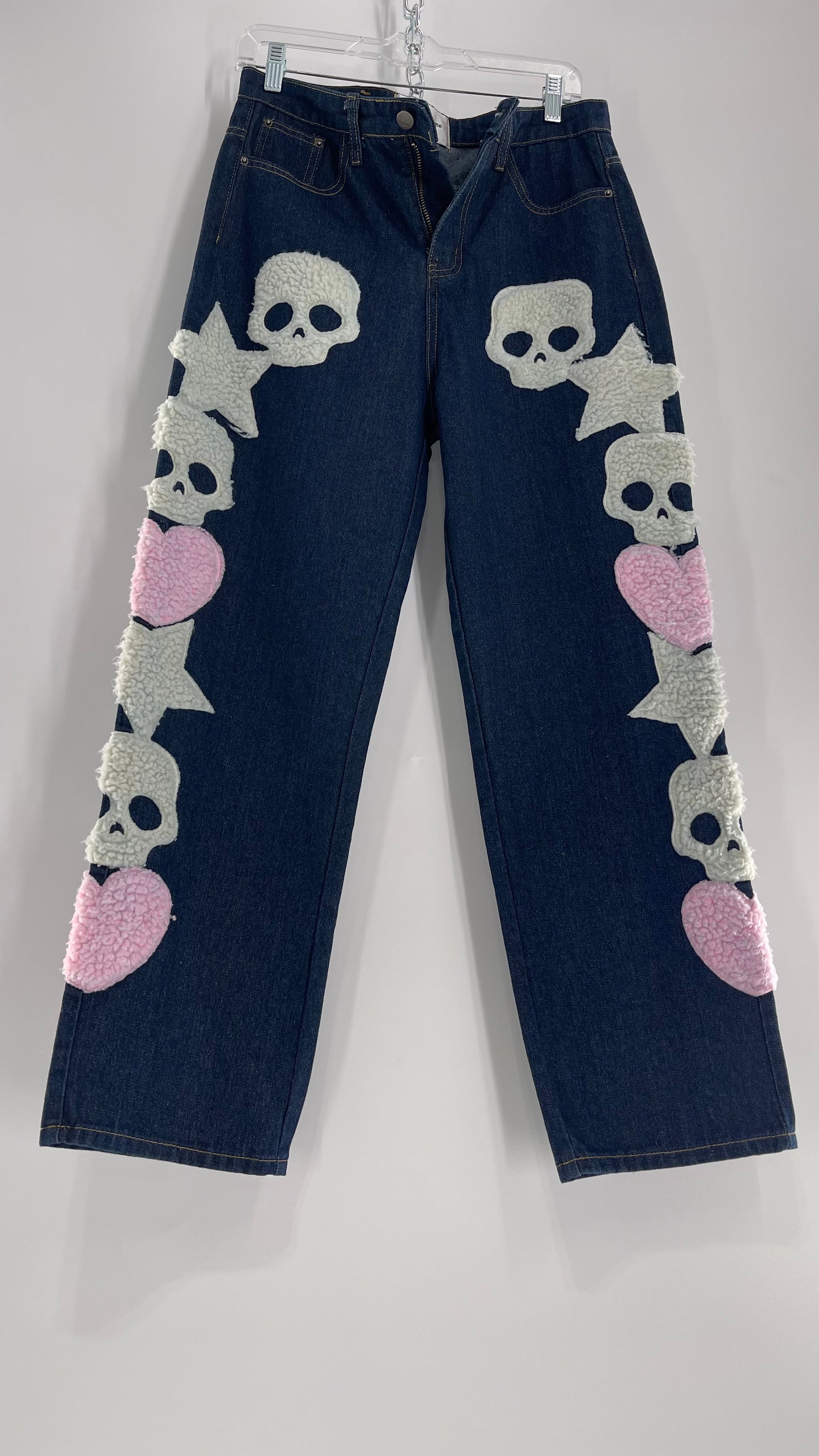MadeExtreme Dark Wash Denim with Skull/Heart Patches and Bum Embroidery (Medium 8)