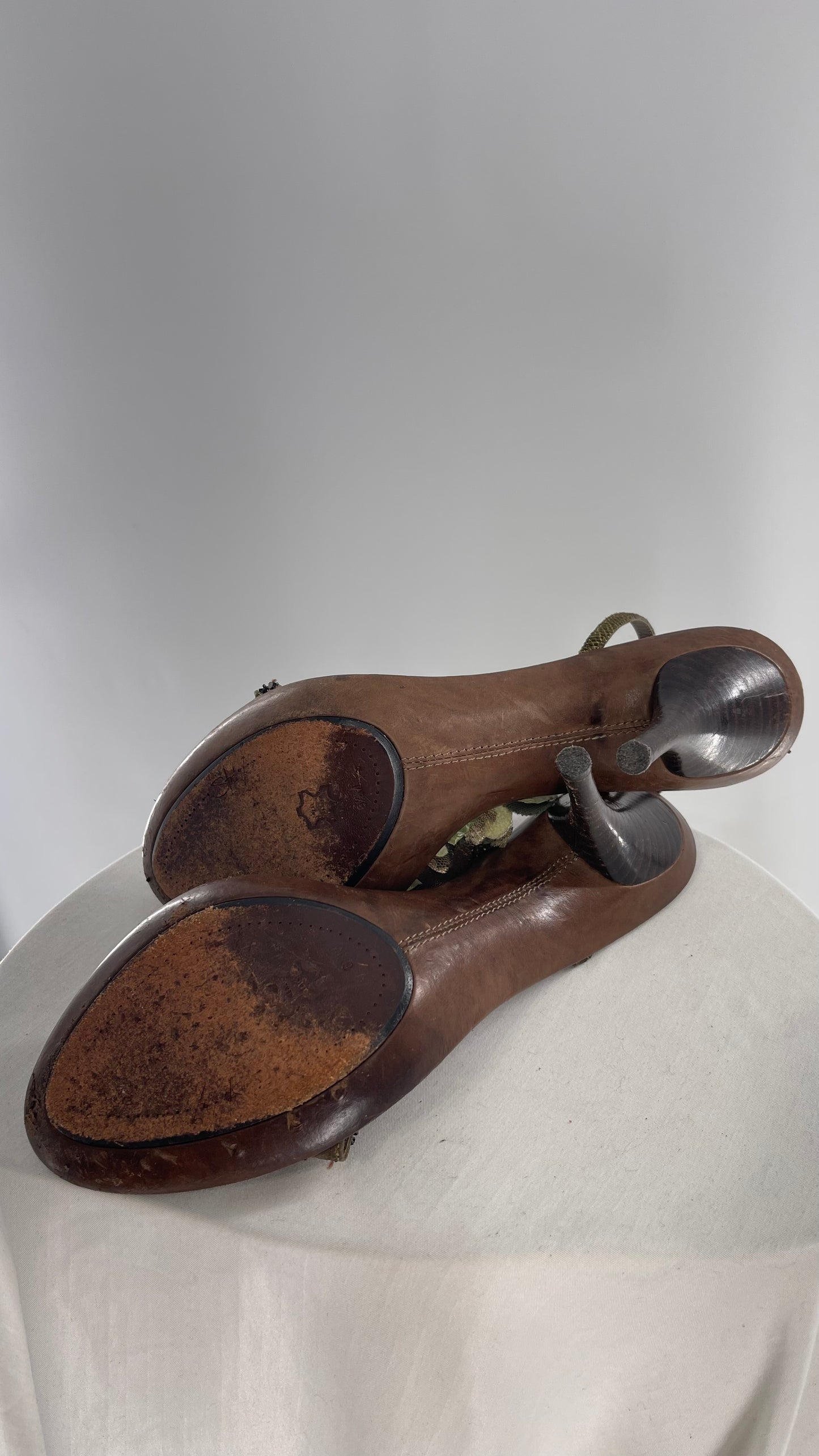 Vintage 1990s Italian Studio Designer Heel Forest Nymph, Mixed Texture Rosette Detailing with Leather Straps and Sole (8.5)