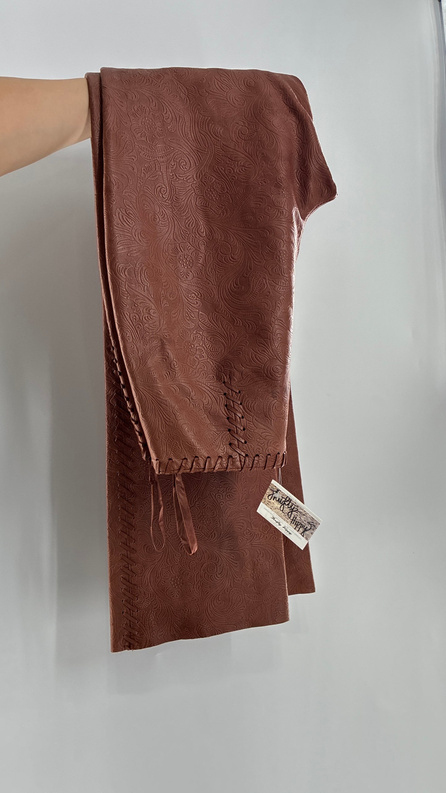 Vintage Embossed Paisley Patterned Genuine Leather Pants with Stitching Details (No Label Unbranded, S)
