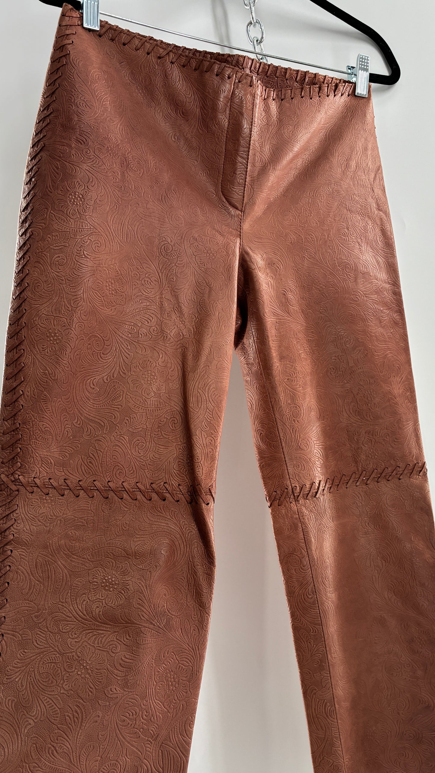 Vintage Embossed Paisley Patterned Genuine Leather Pants with Stitching Details (No Label Unbranded, S)
