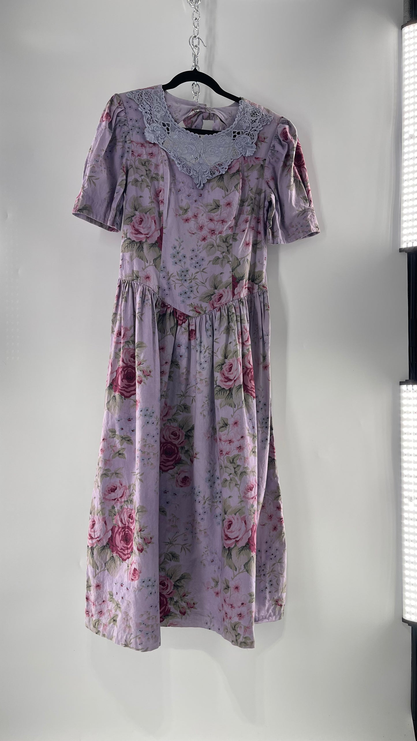 Vintage Urban Renewal Reworked and Upcycled Misty Lane Lilac/Lavender Floral Fit/Flare Dress with Sweetheart Neckline, Lace Detail and Bow Adorned Open Back (11/12)