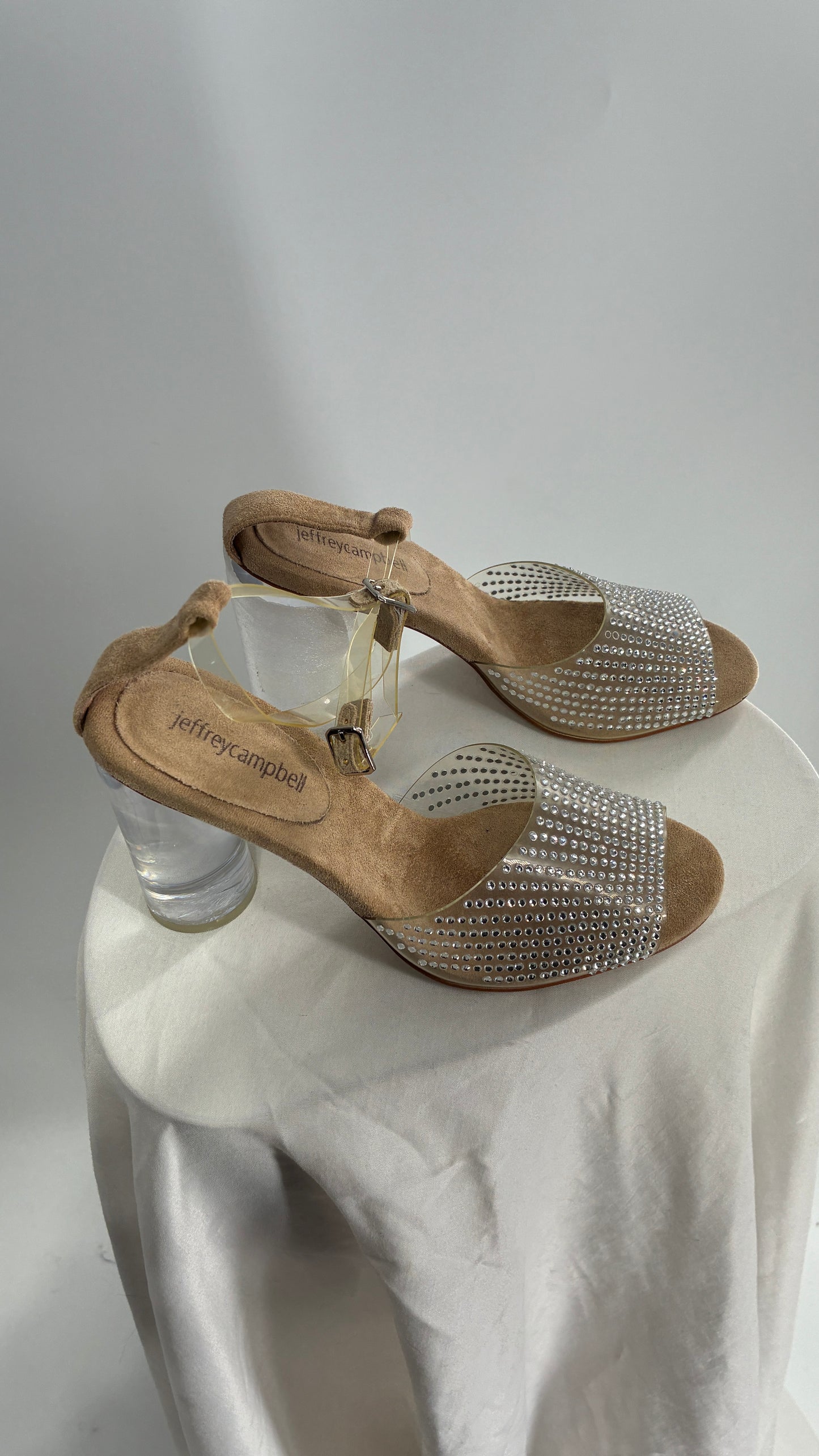 JEFFREY CAMPBELL Lucite Heel Suede Sole, Clear Strap Rhinestone Heel (8)