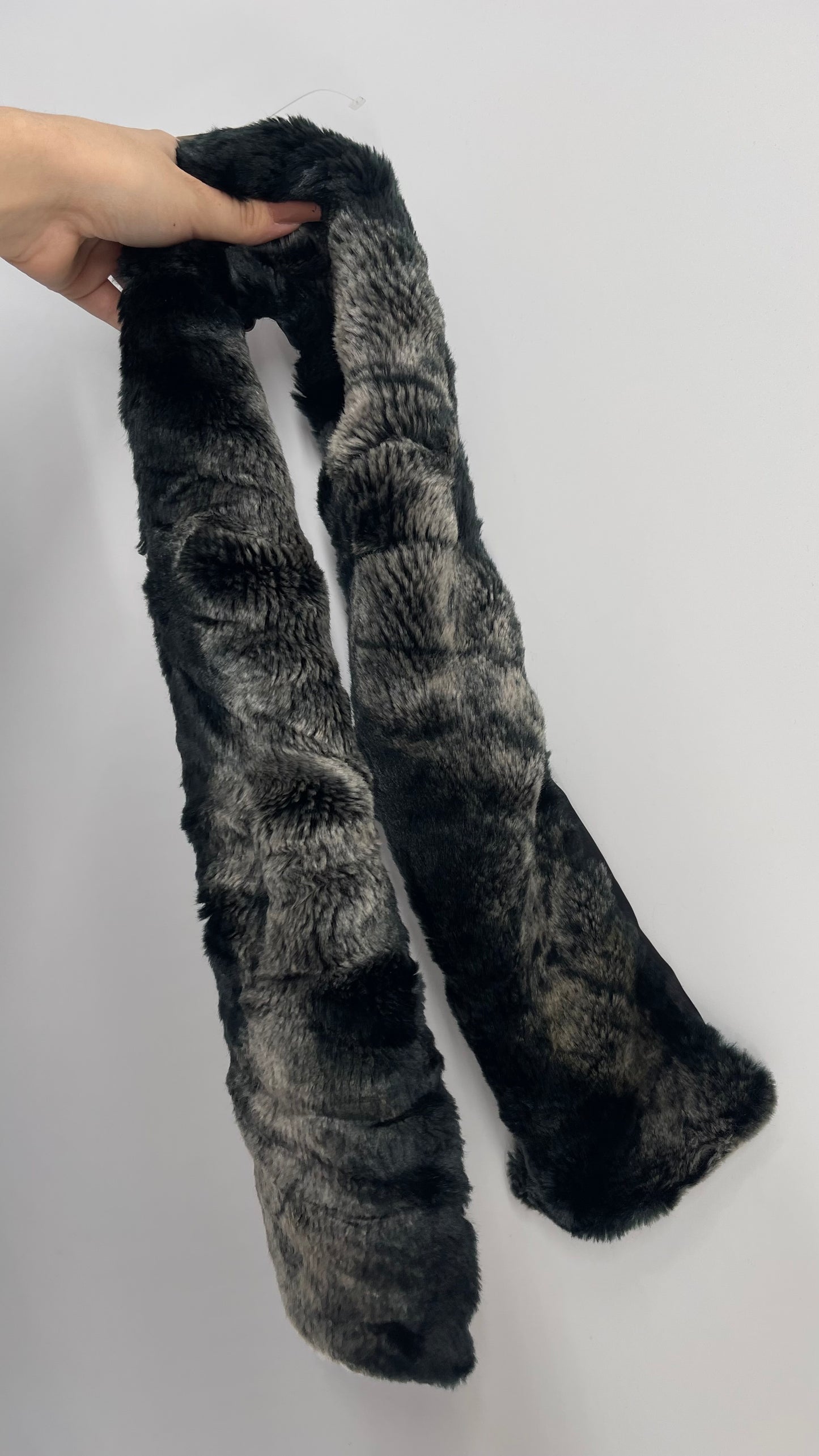 Vintage Black Grey Faux Fur Skinny Scarf