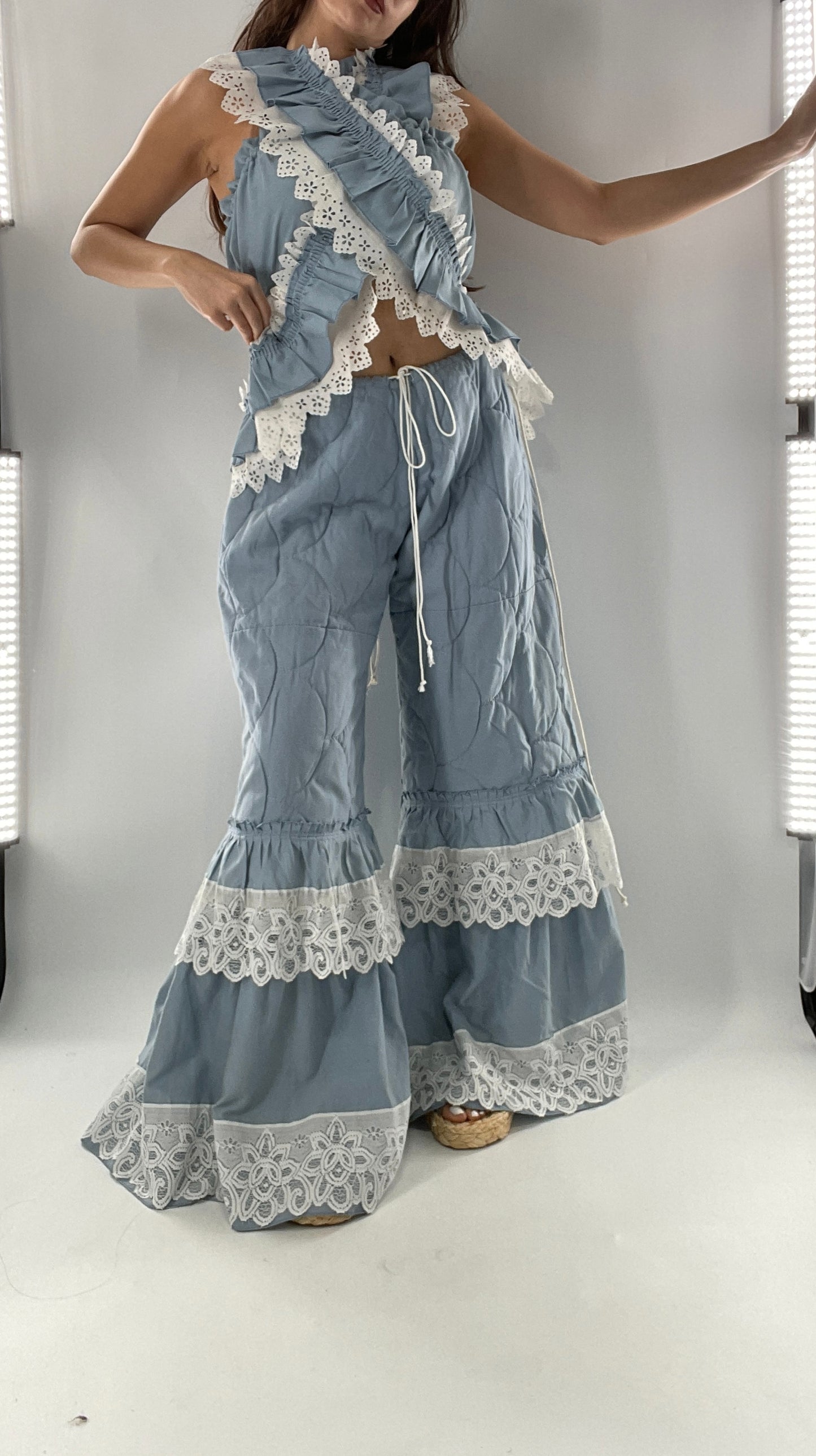 Vintage 2 Piece Powder Blue Set Featuring 2Way Blouse and Quilted Trousers Covered in Ruffles, Lace and Trim (One Size)