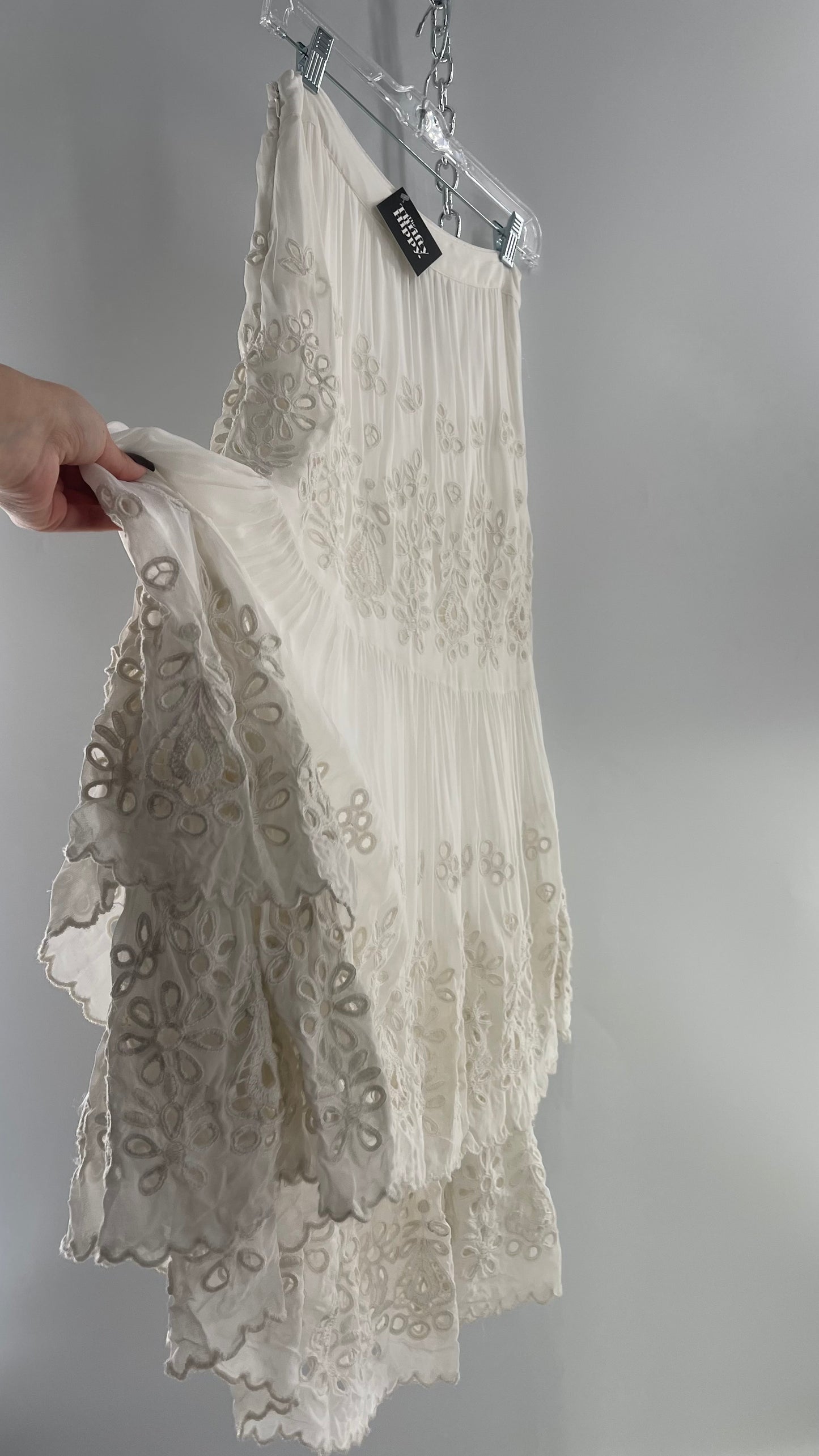 Free People White Embroidered Eyelet/Lace Voluminous Tiered Ruffle Full Length Skirt (4)