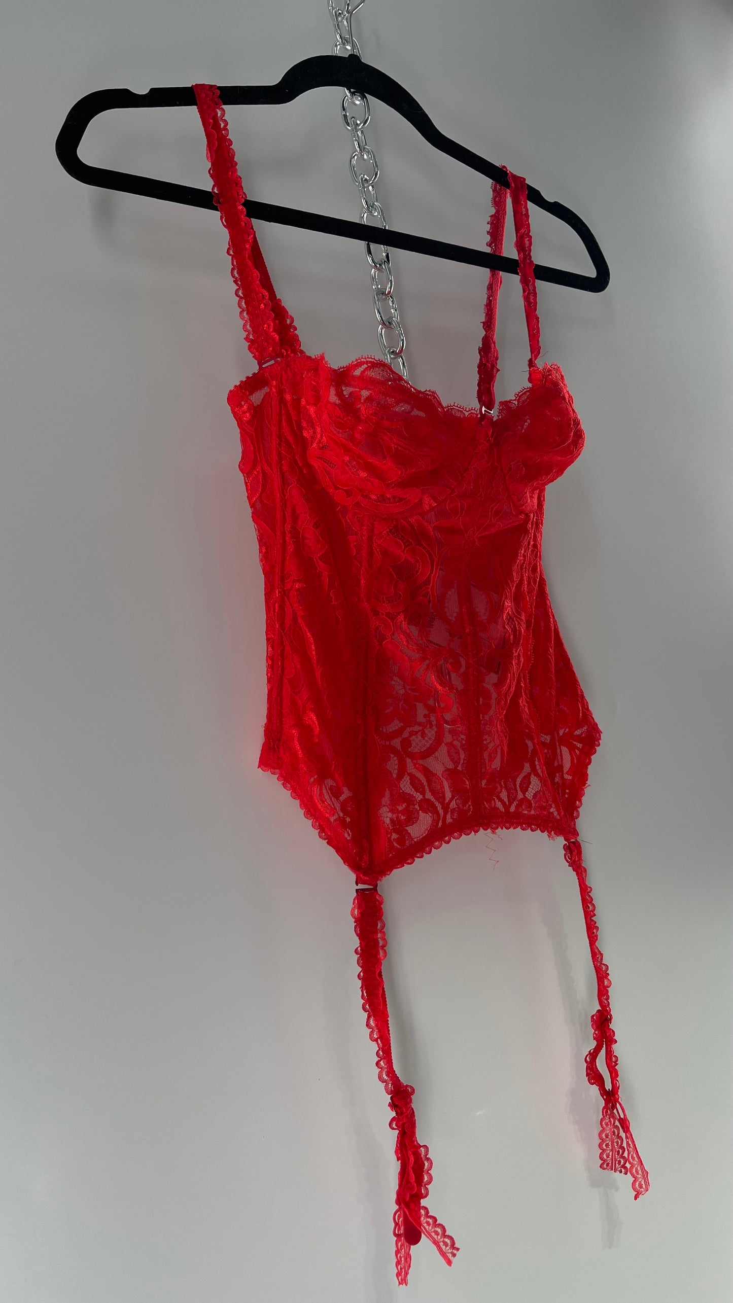 90s Vintage Red Lace Corset with Ruffled Sleeves and Removable Garter Straps (32B)