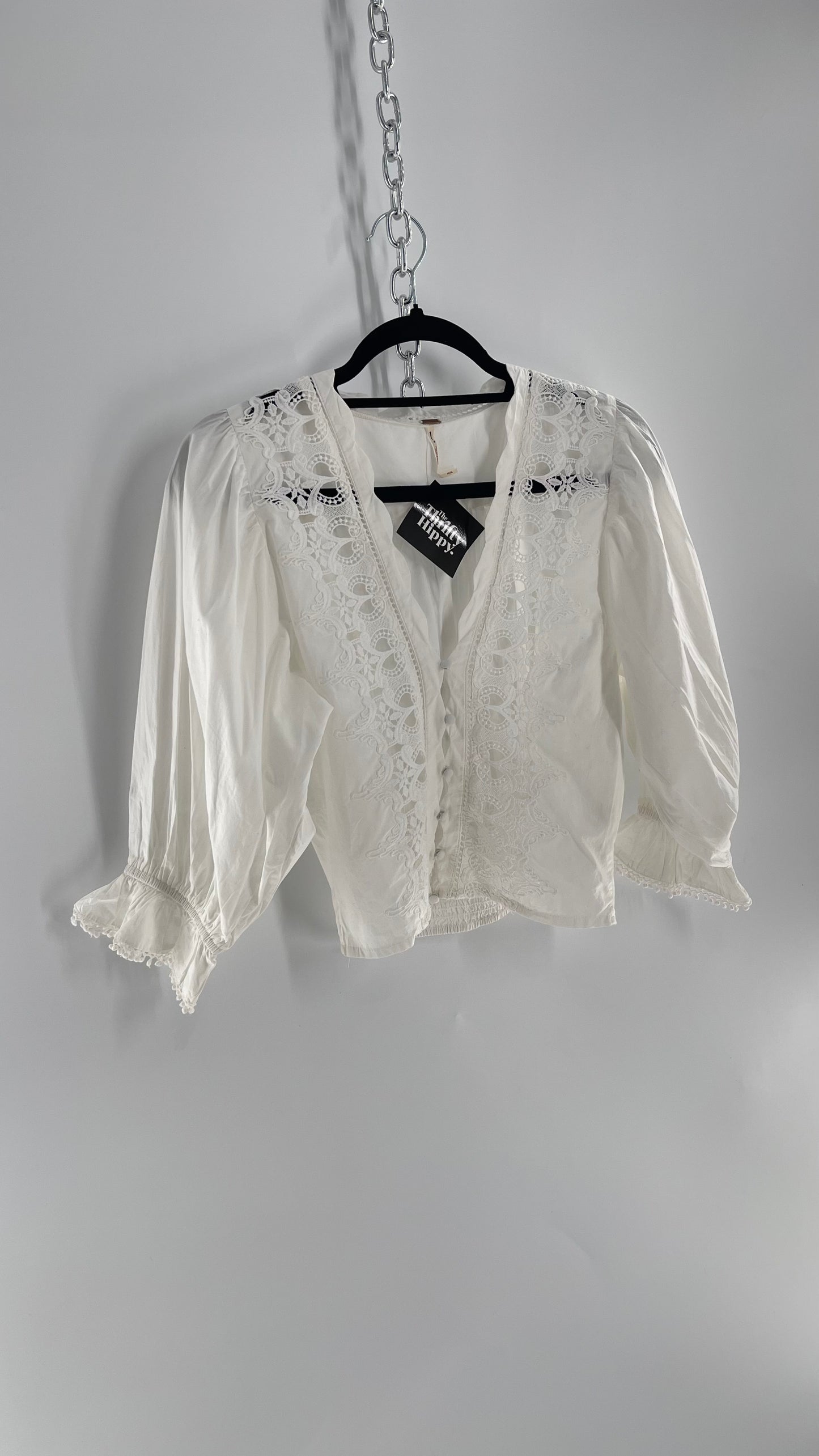 Free People White Puff Sleeve Prairie Blouse with Lace Details (Small)