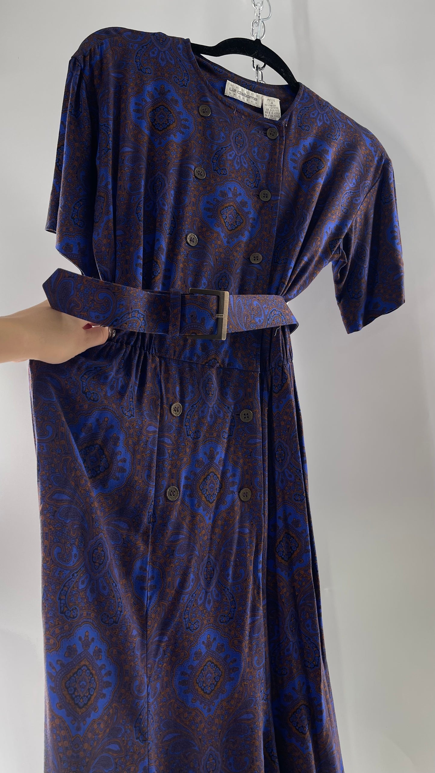 Vintage Liz Claiborne Cobalt Blue and Mustard Paisley Patterned 60s Style Dress(4)