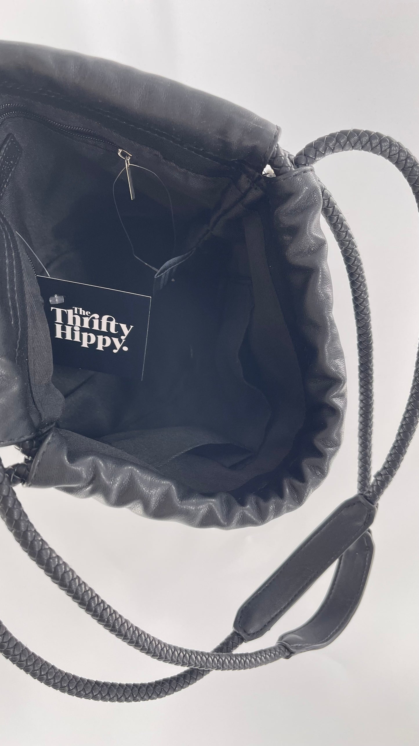 Urban Outfitters Black Adjustable Bucket Tank Vegan Leather Bag with Braided Handles