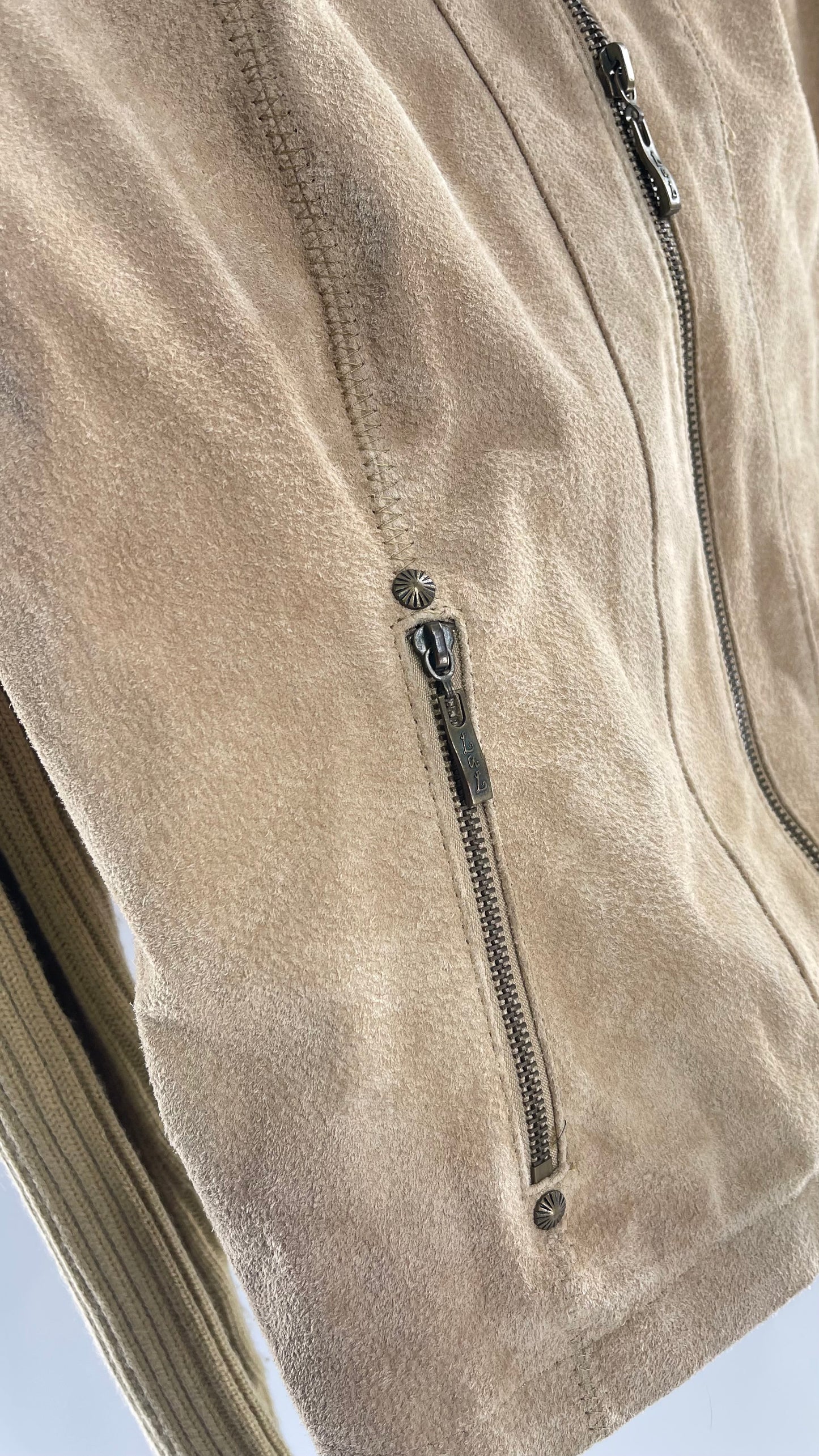 Live a Little Beige/Tan Suede Jacket with Ribbed Knit Sleeves and Collar (Medium)