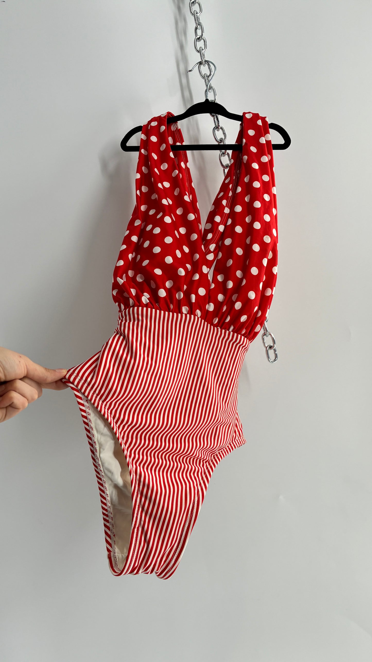 ALLIHOP Anthropologie Red and White Retro Thick Striped and Polka Dotted Bikini with Open Criss Cross Back (Small)