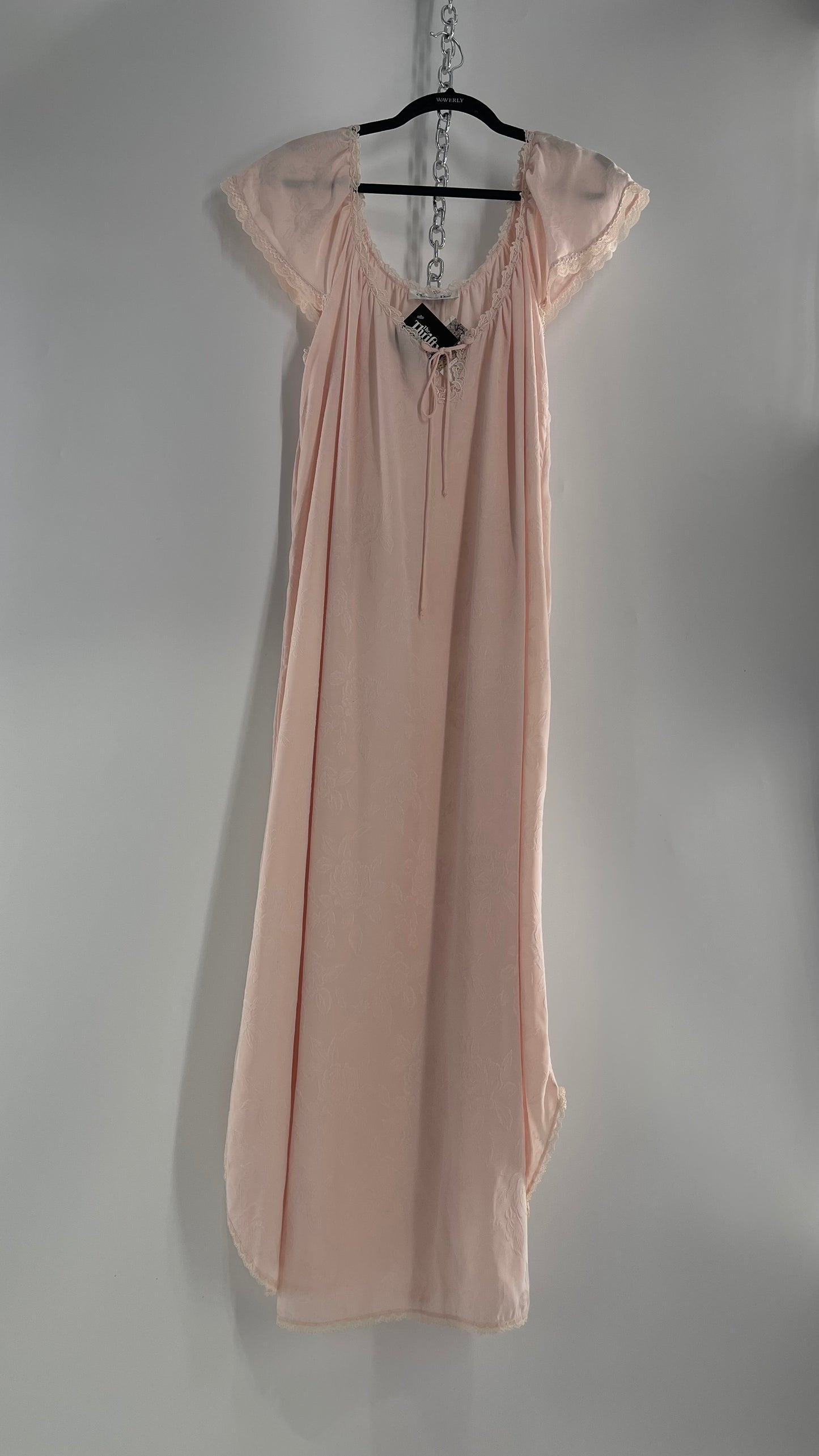 Vintage Christian Dior Pink Night Gown/ Maxi Dress with Floral Embossed Design, Lace Trim and Rosettes (Large)
