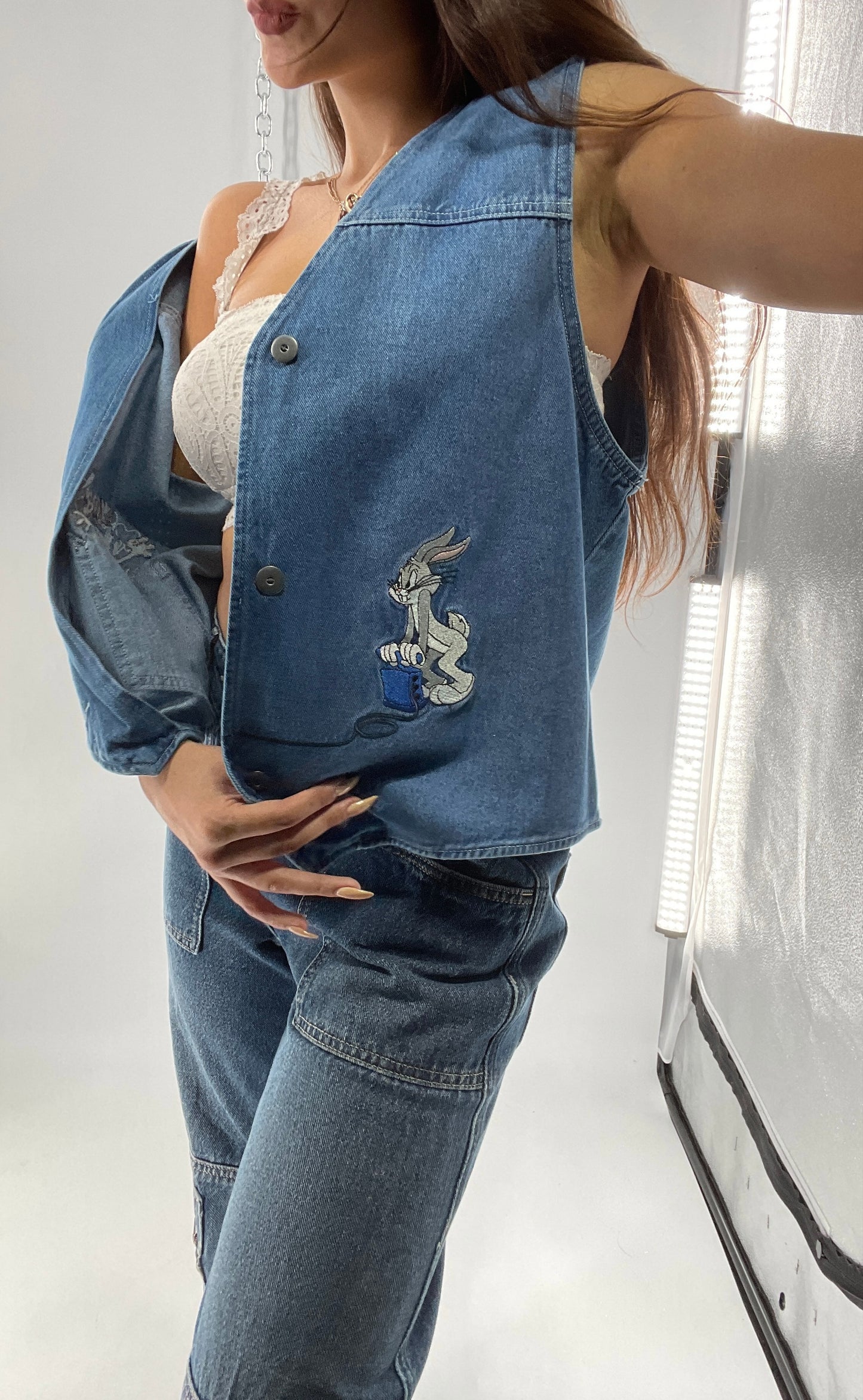 Vintage Looney Tunes Denim Vest with Embroidered Characters (Large)