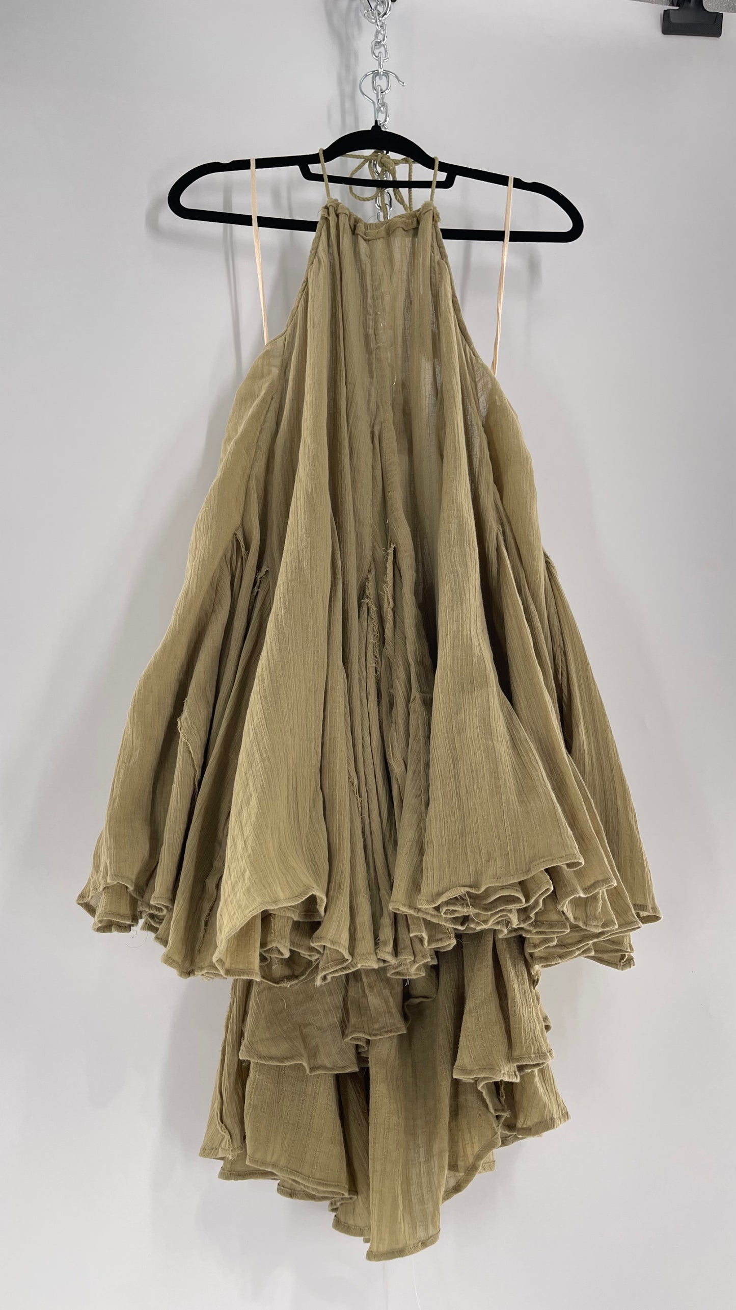 Free People Olive Sage Gauze/Cotton Halter Backless Dress (M)