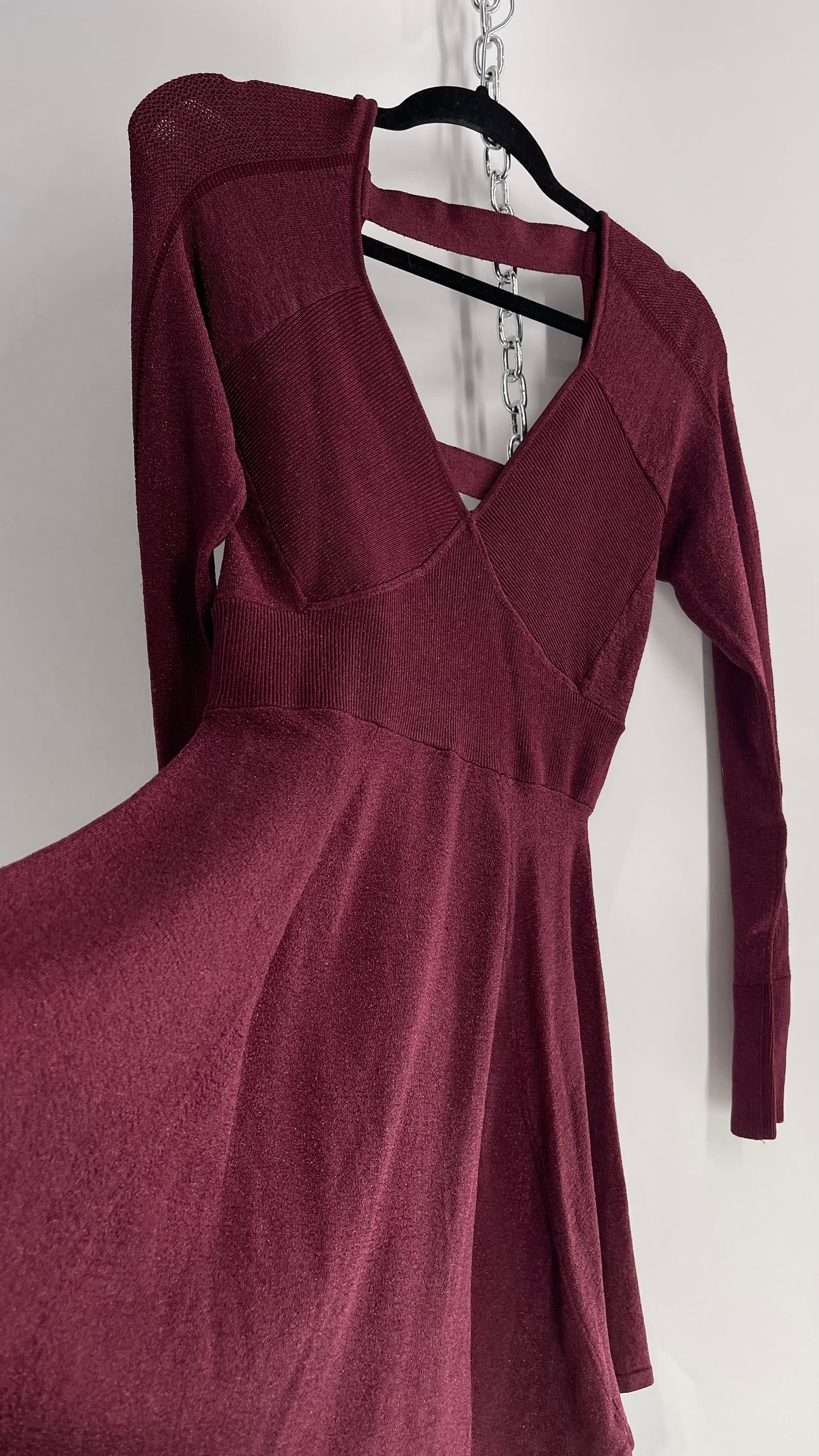 Free People Plum Tinsel Sparkle Long Sleeve Knit Mini Dress (Small)