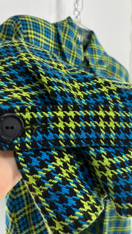 Vintage HONG KONG Wool Blend Neon Green and Blue Plaid Jacket and Micro Mini Set (Small)